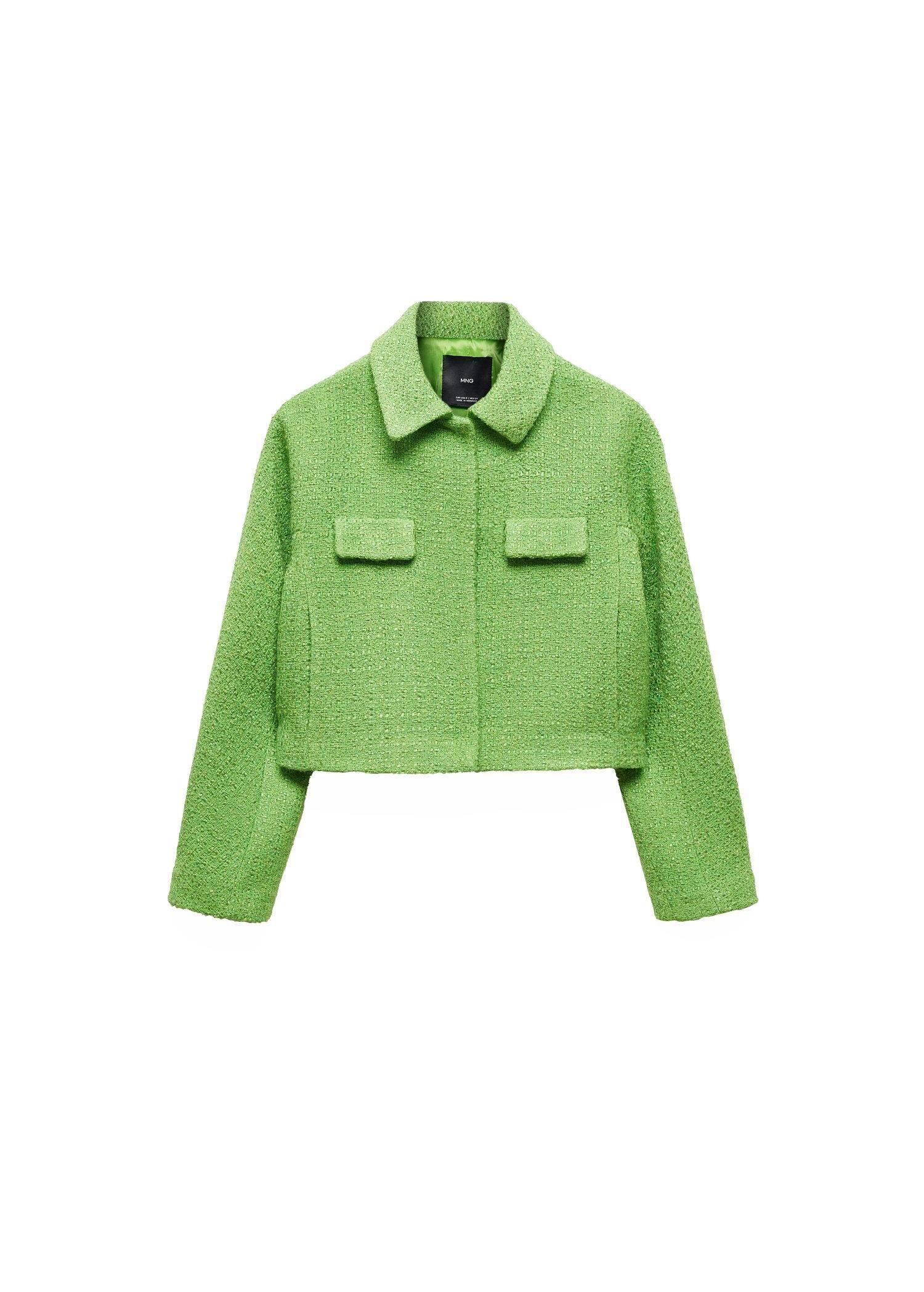 Mango - Green Cropped Tweed Jacket With Pockets