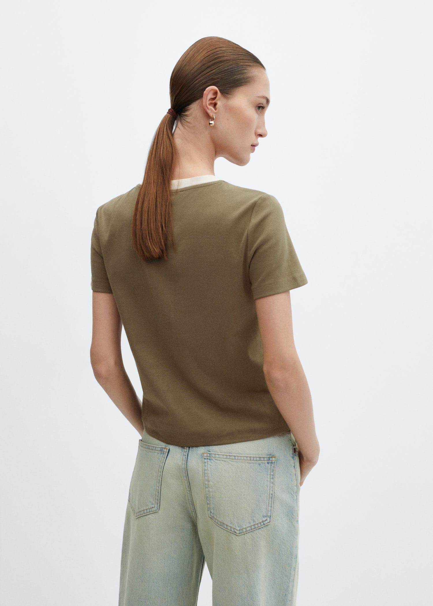 Mango - Khaki Contrasting Collar Cotton T-Shirt
