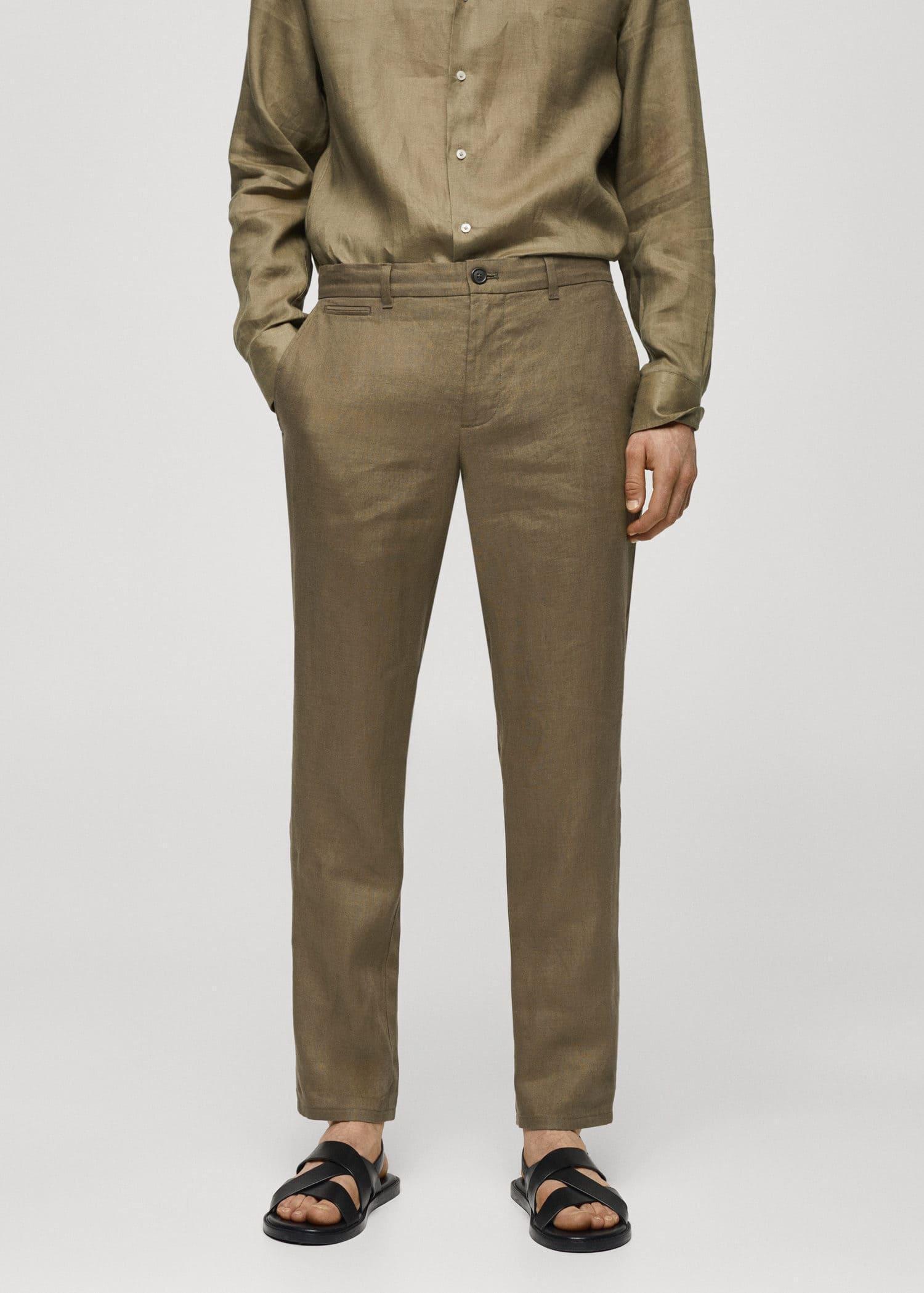 Green Slim-Fit Linen Trousers, , large image number 0
