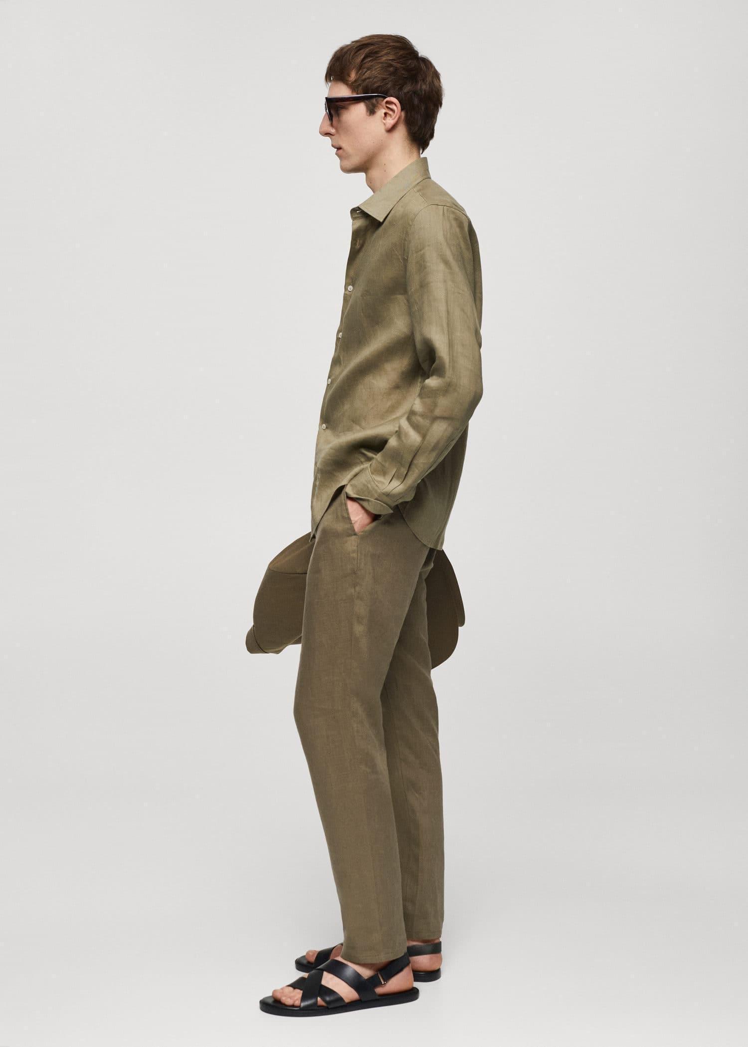 Green Slim-Fit Linen Trousers, , large image number 2
