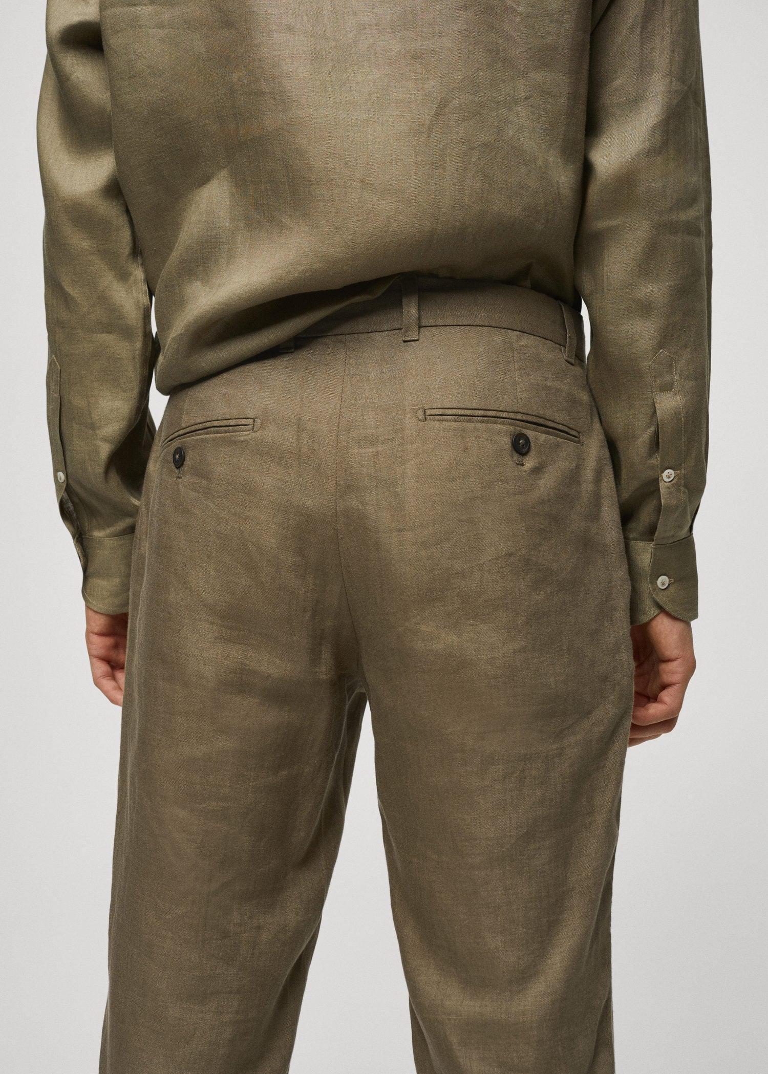 Green Slim-Fit Linen Trousers, , large image number 4