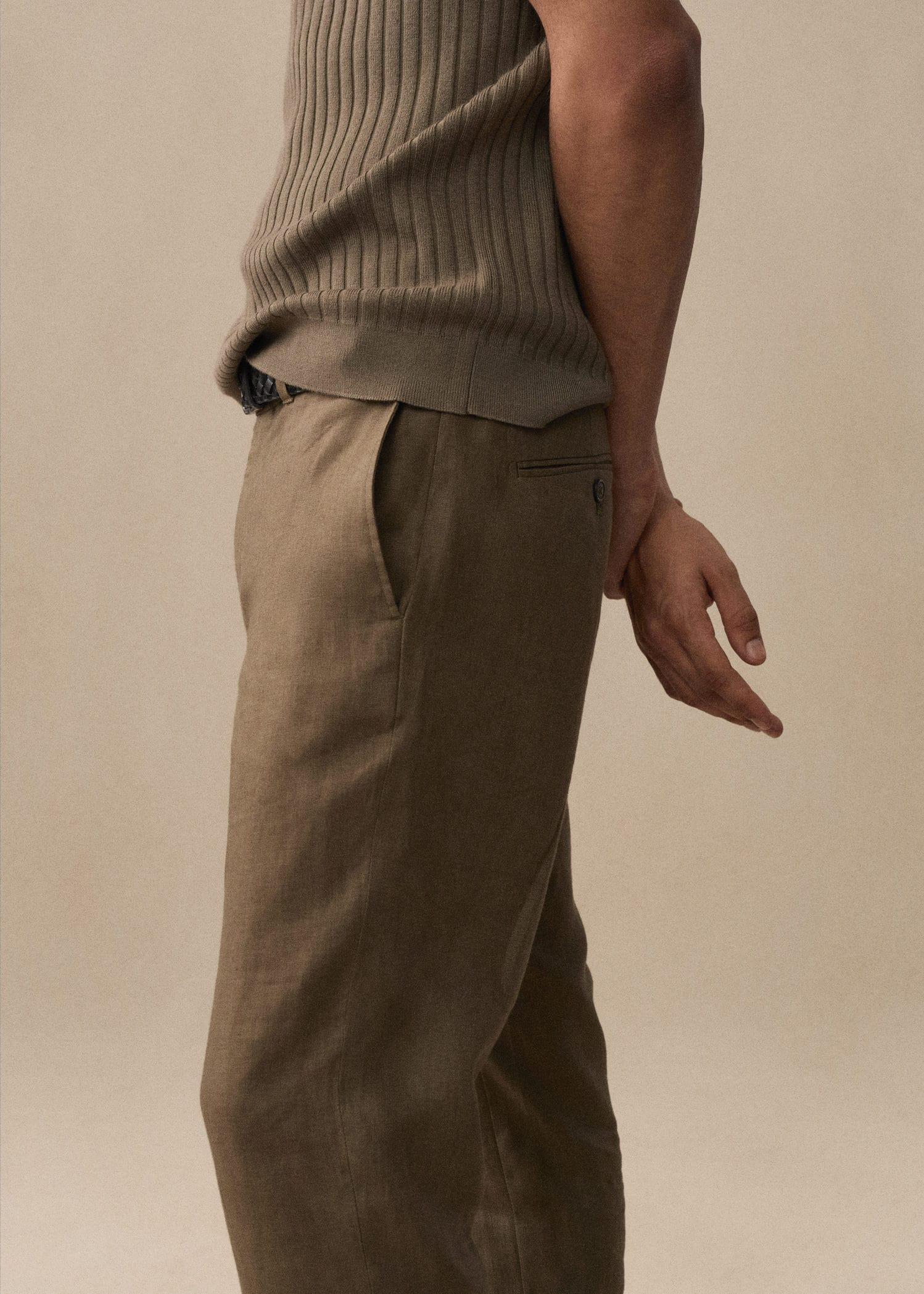 Green Slim-Fit Linen Trousers, , large image number 6