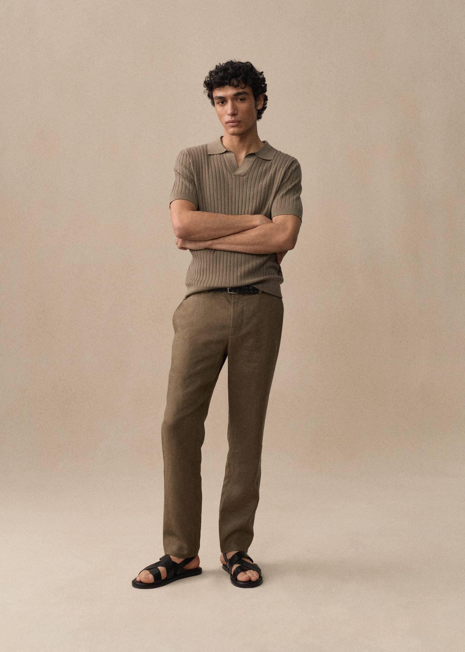 Green Slim-Fit Linen Trousers, , large image number 8