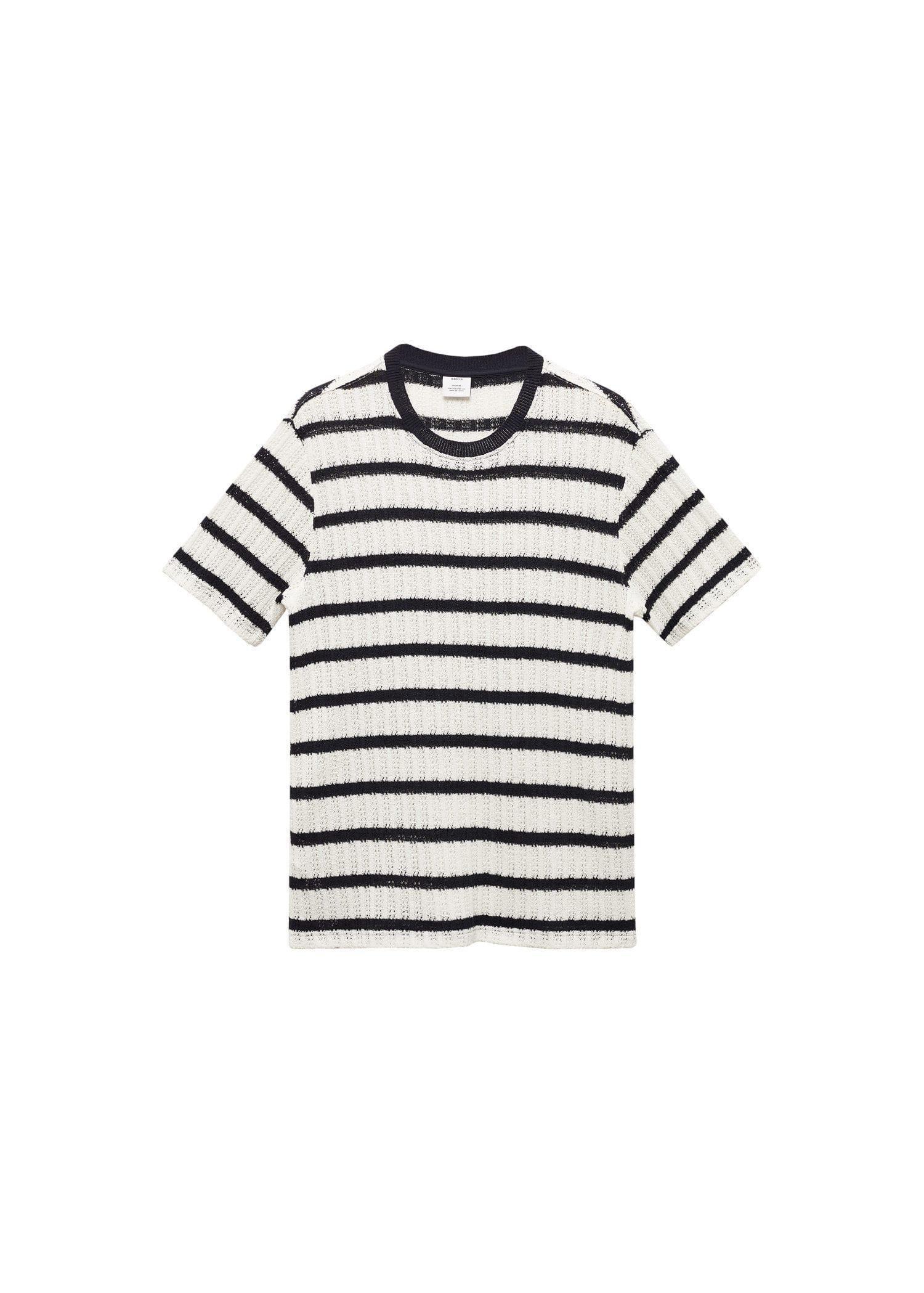 Mango - Beige Regular Fit Openwork Striped T-Shirt