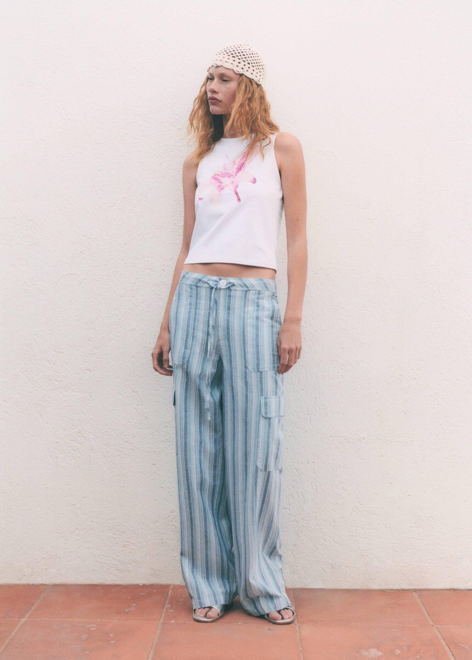 Blue Striped Cargo Pockets Trousers, , large image number 3