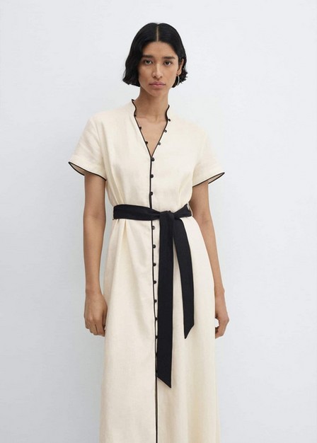 Mango - Cream Buttoned Linen-Blend Dress