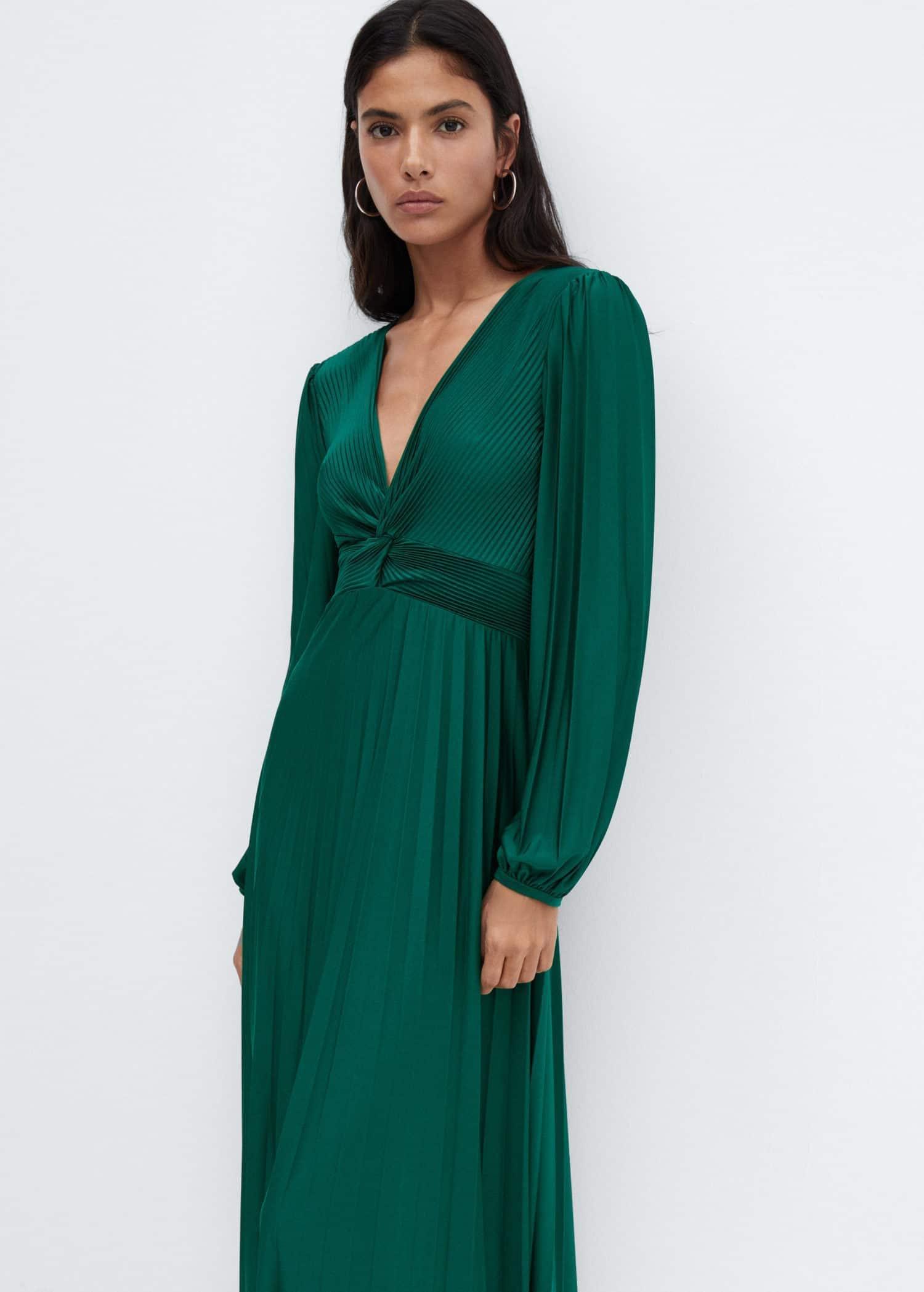 Mango - Green V-Neck Pleated Dress