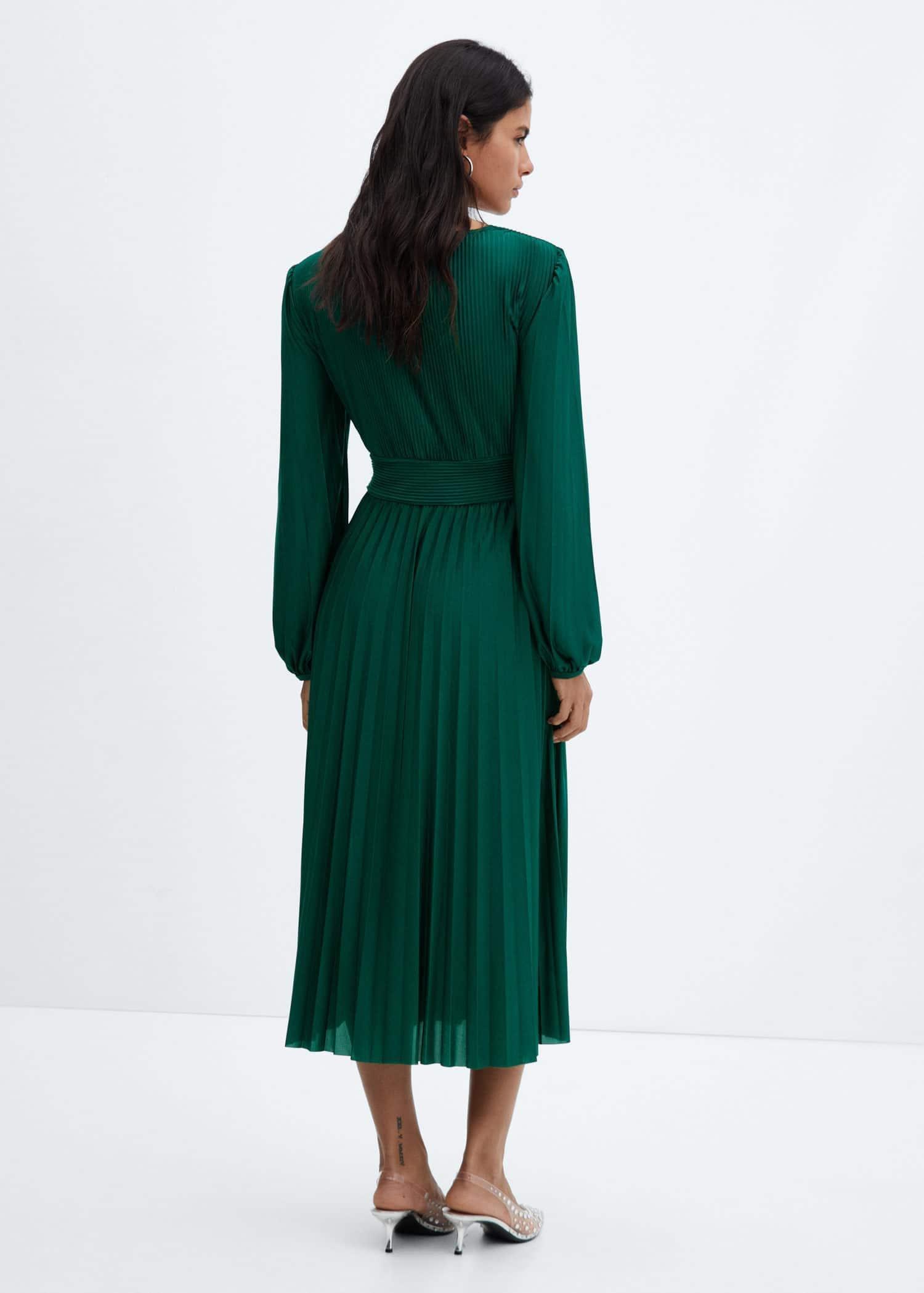 Mango - Green V-Neck Pleated Dress