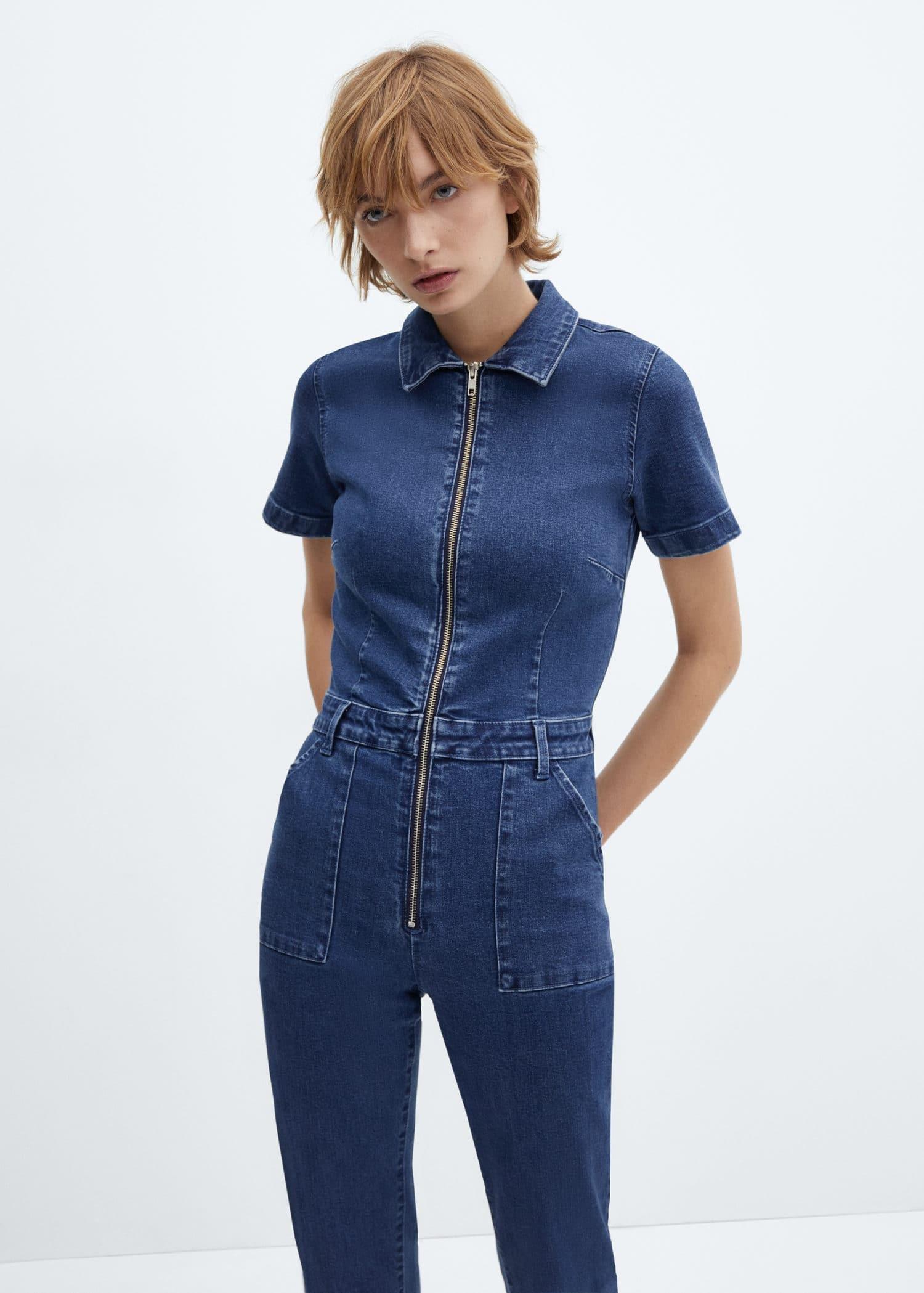 Denim zipper jumpsuit clearance