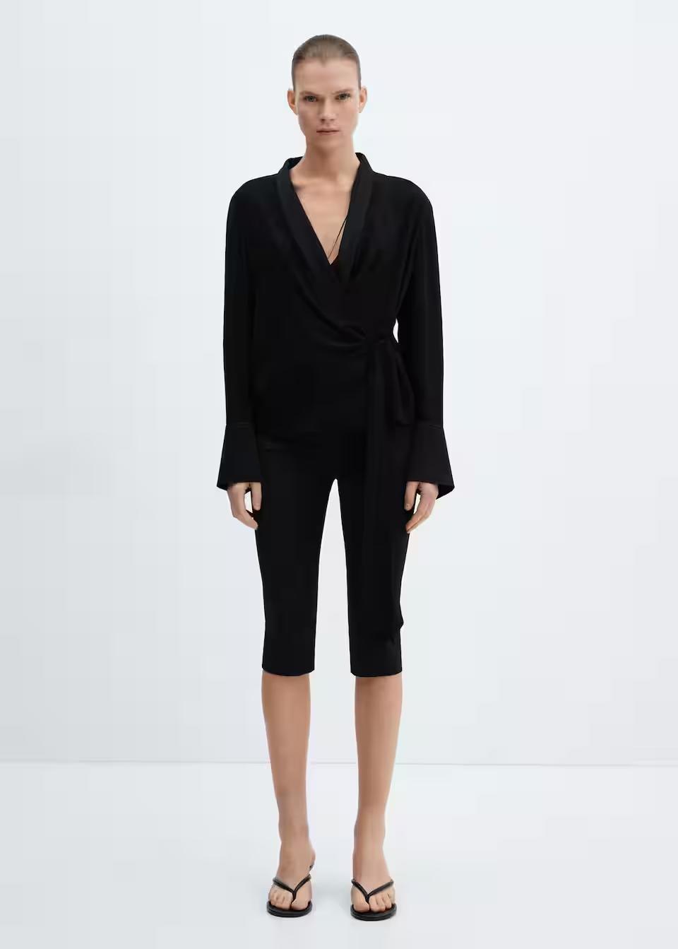 Mango - Black Double-Breasted Blouse With Bow