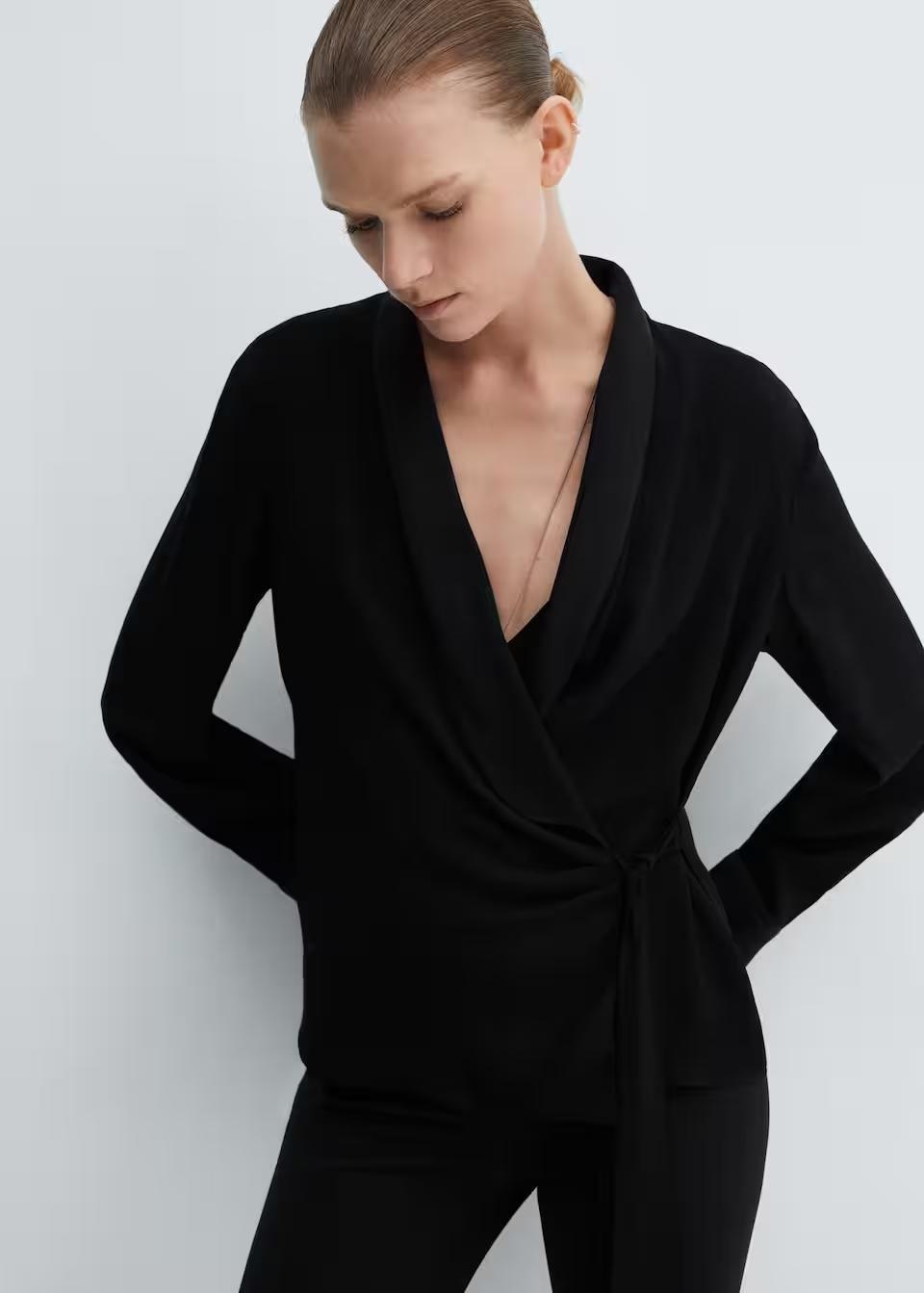 Mango - Black Double-Breasted Blouse With Bow