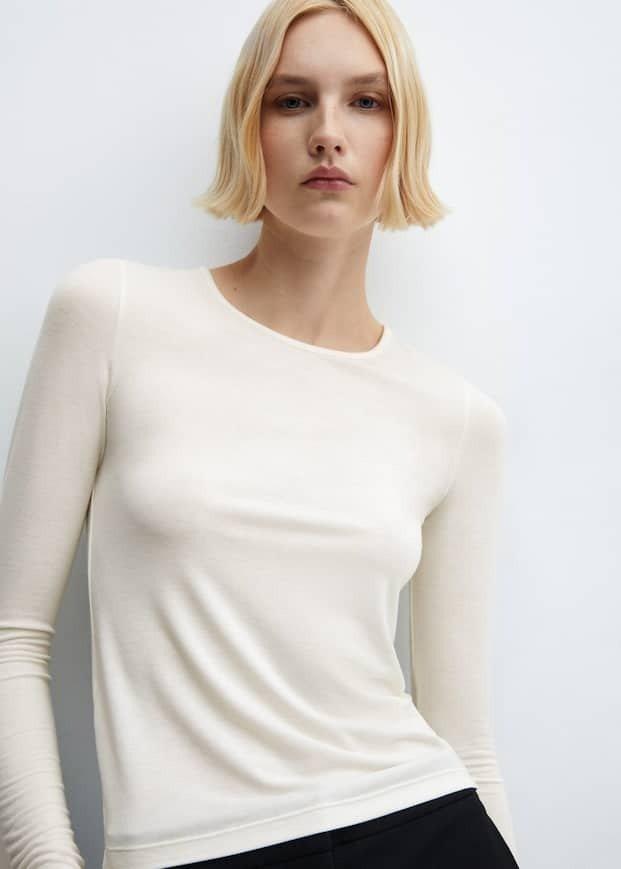Mango - White Round-Neck Knitted T-Shirt