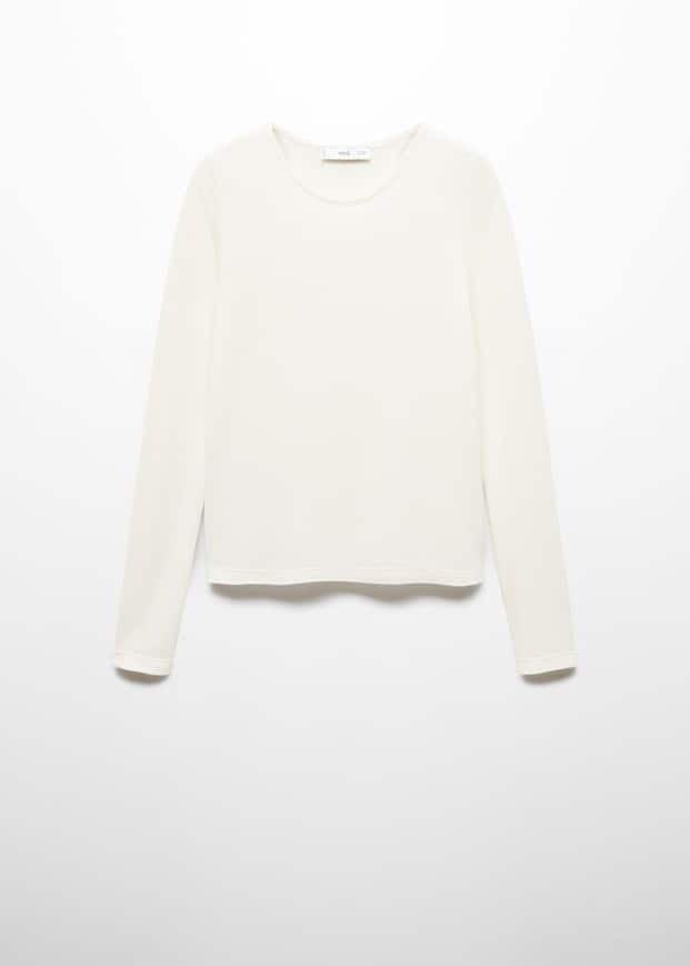Mango - White Round-Neck Knitted T-Shirt