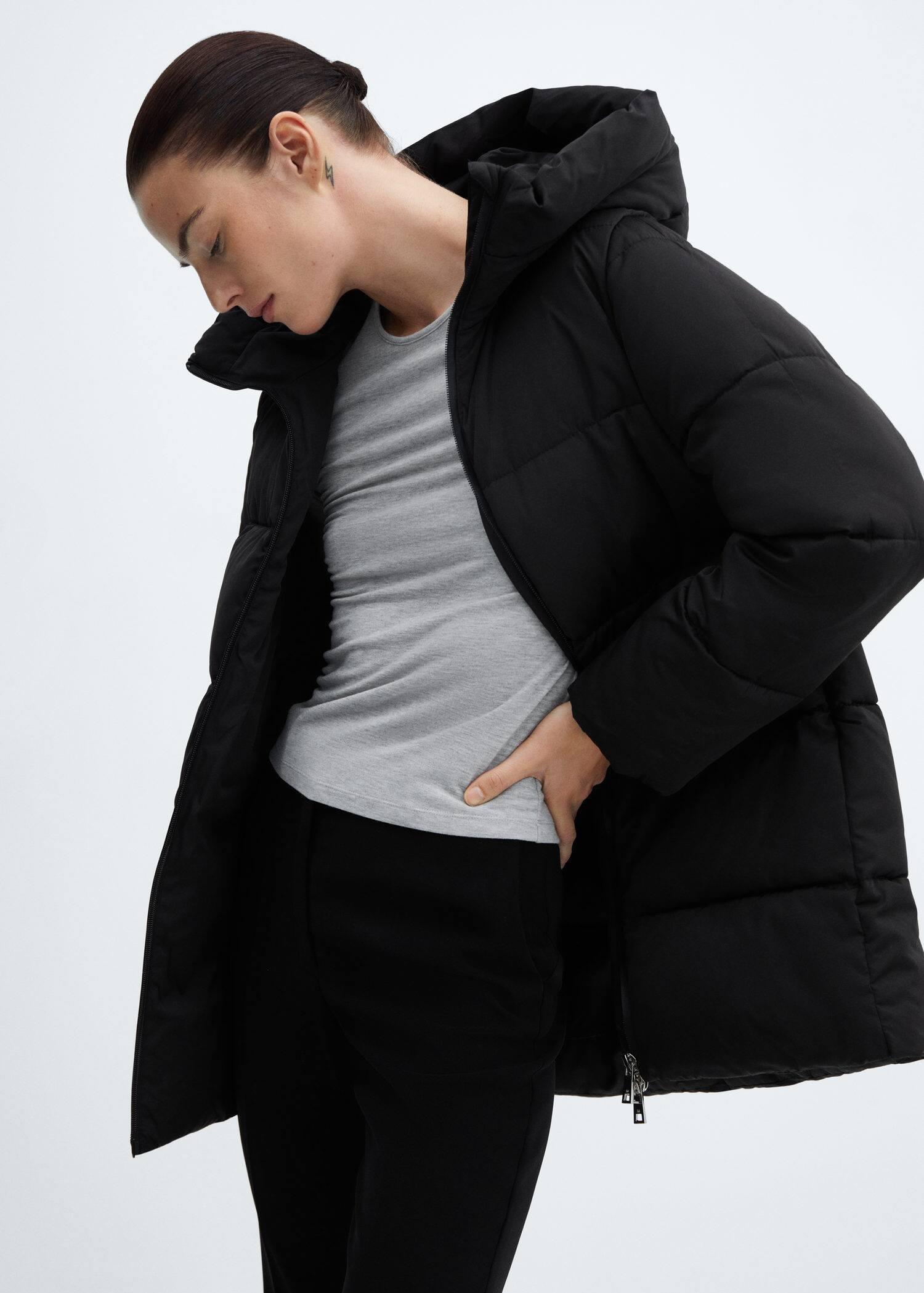 Mango - Black Hooded Quilted Coat