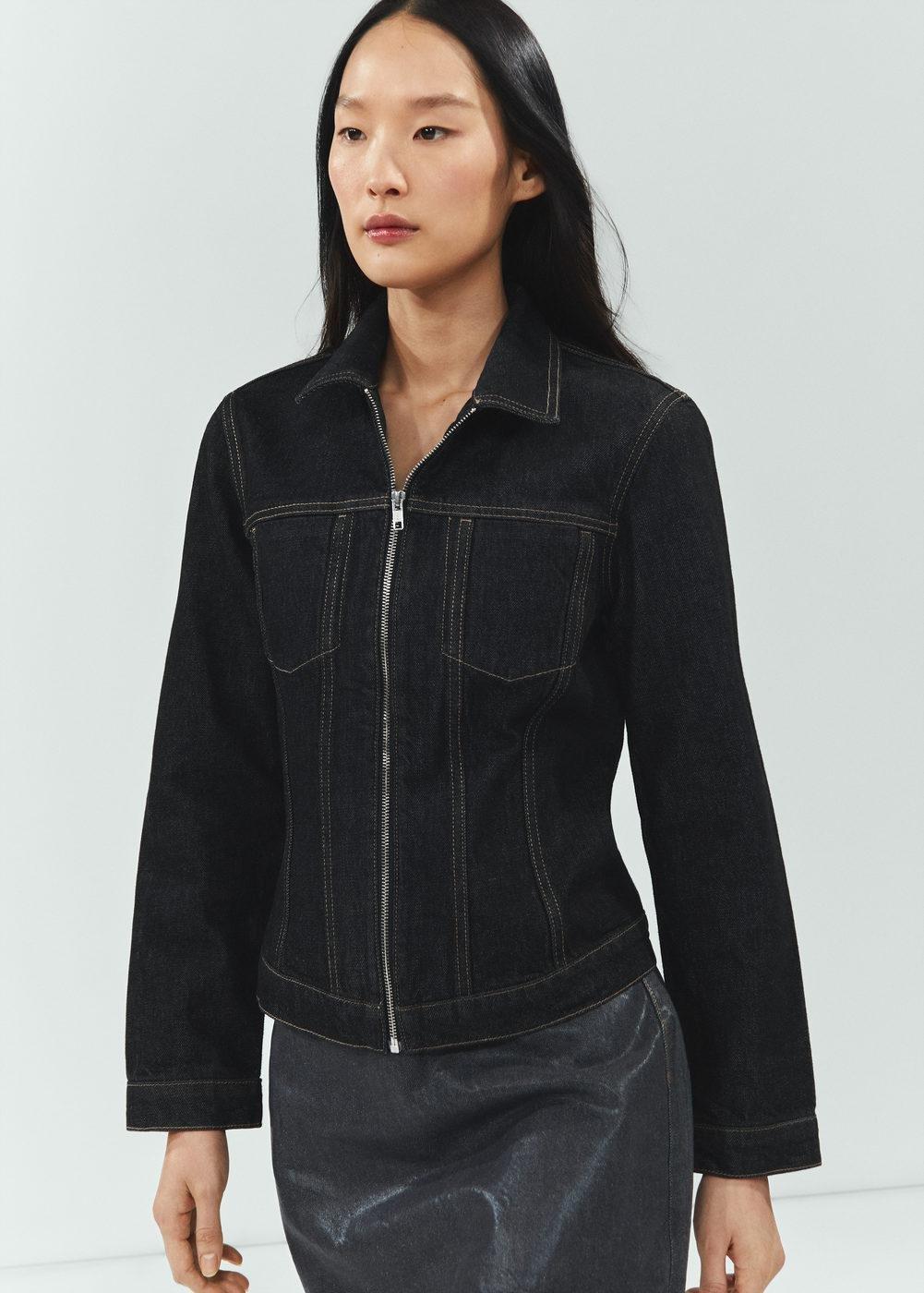 Fitted long best sale denim jacket