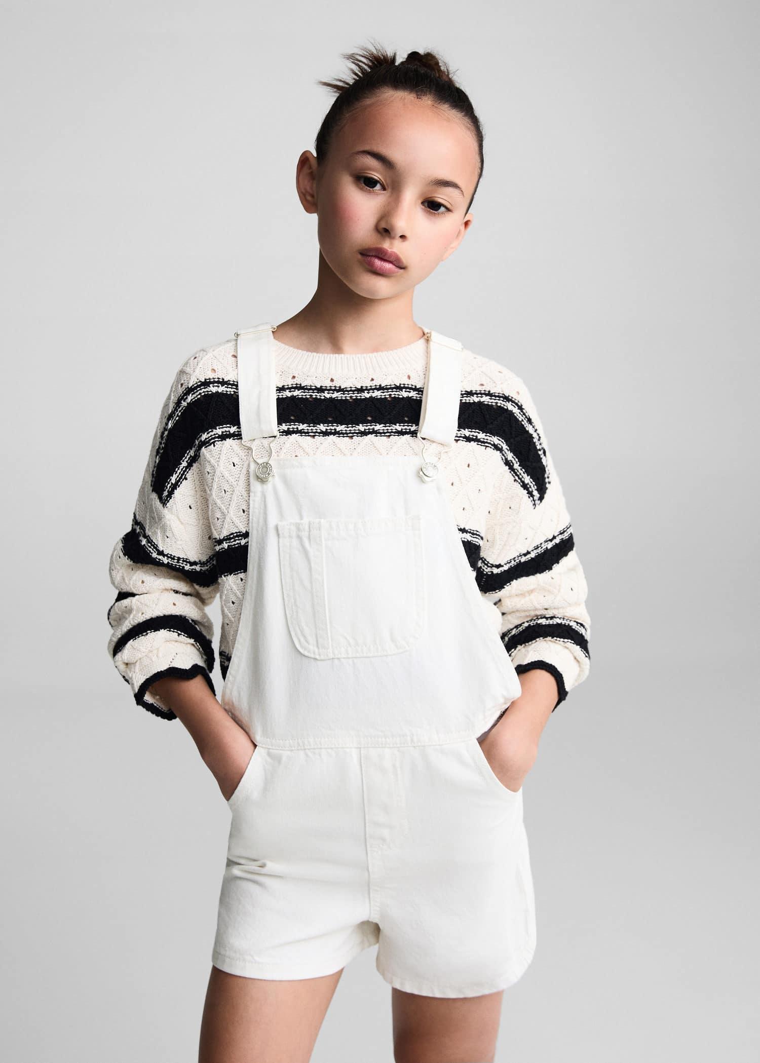 White Short Denim Dungarees, Kids Girls, , large image number 0