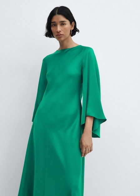 Mango - Green Flared-Sleeve Satin Dress