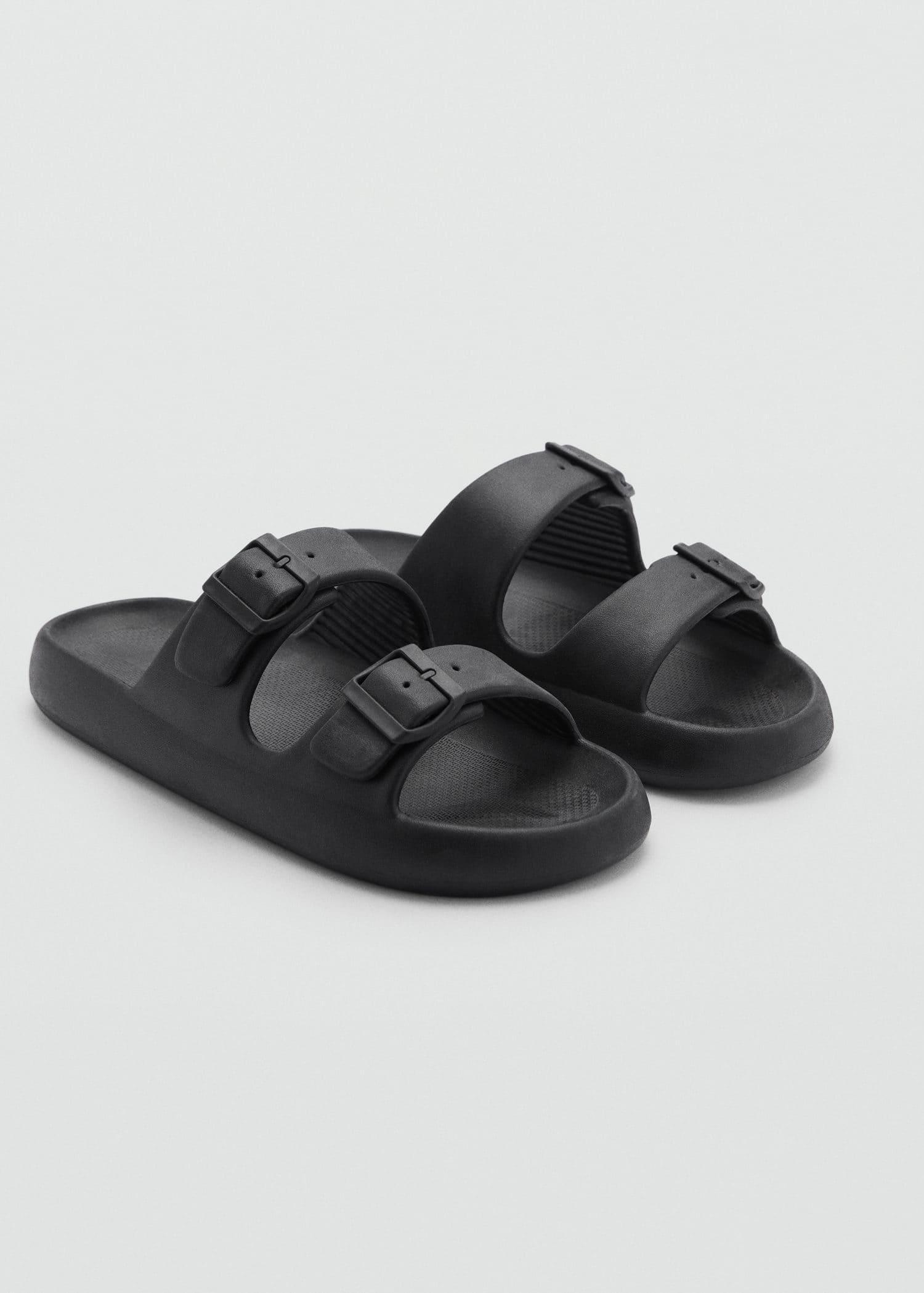 Black Double-Buckle Rubber Sandals, , large image number 0