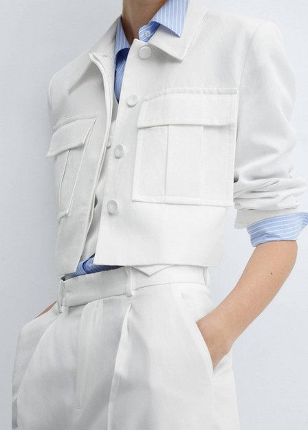 Mango - White Crop Suit Jacket With Pockets