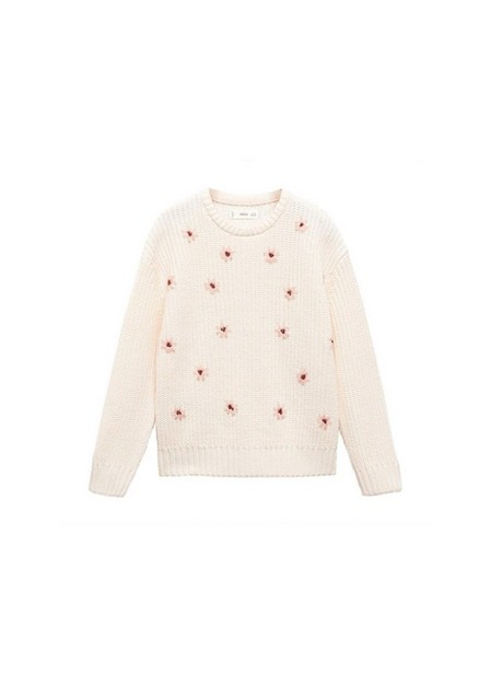 Mango - Beige Floral Embroidery Sweater, Kids Girls