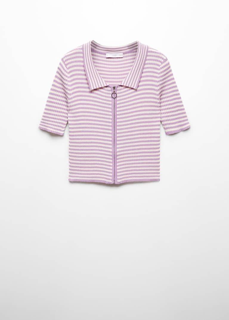 Mango - Purple Lt-Pastel Striped Zip-Up Polo Shirt