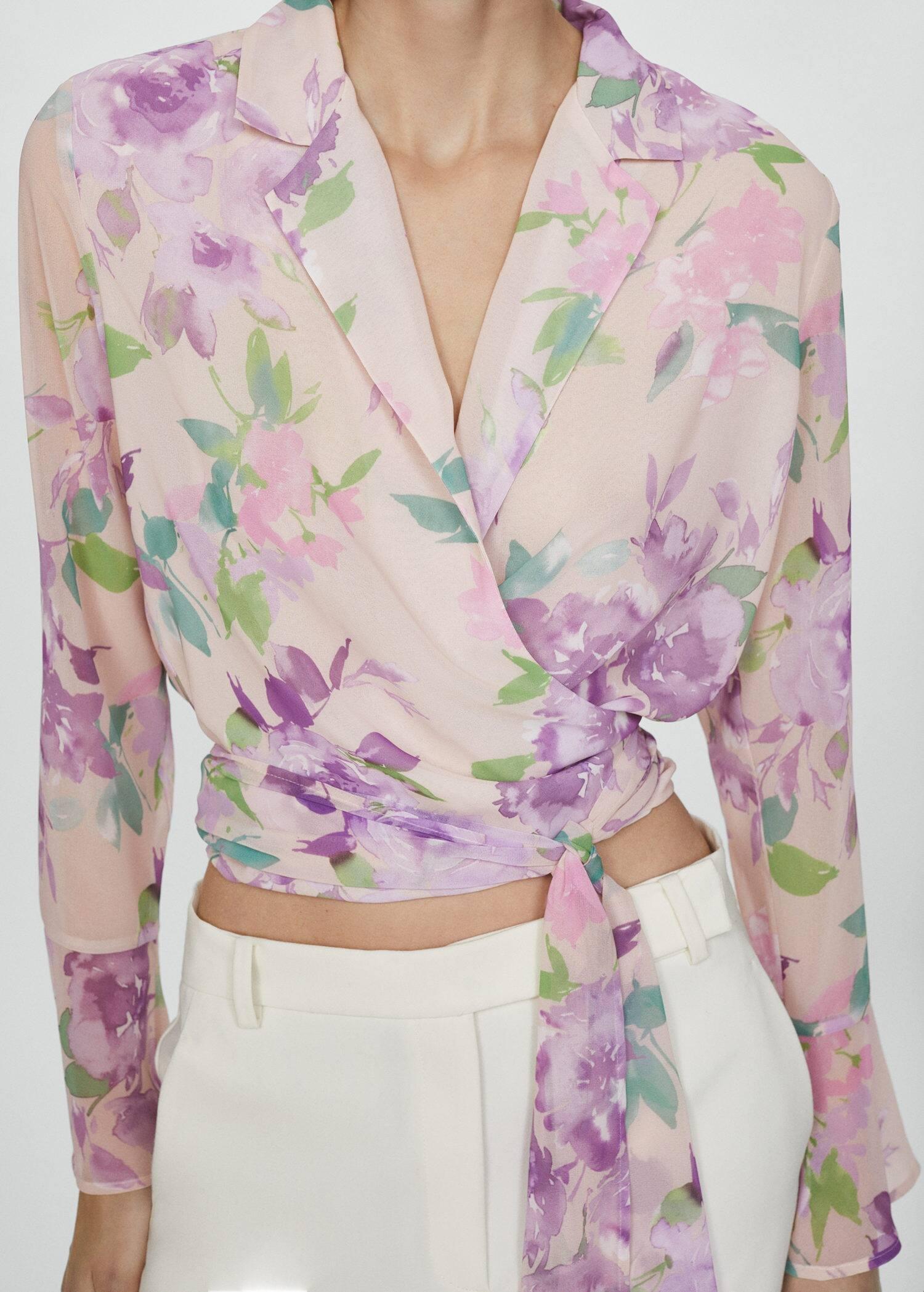 Mango - Pink Floral Print Crossover Blouse
