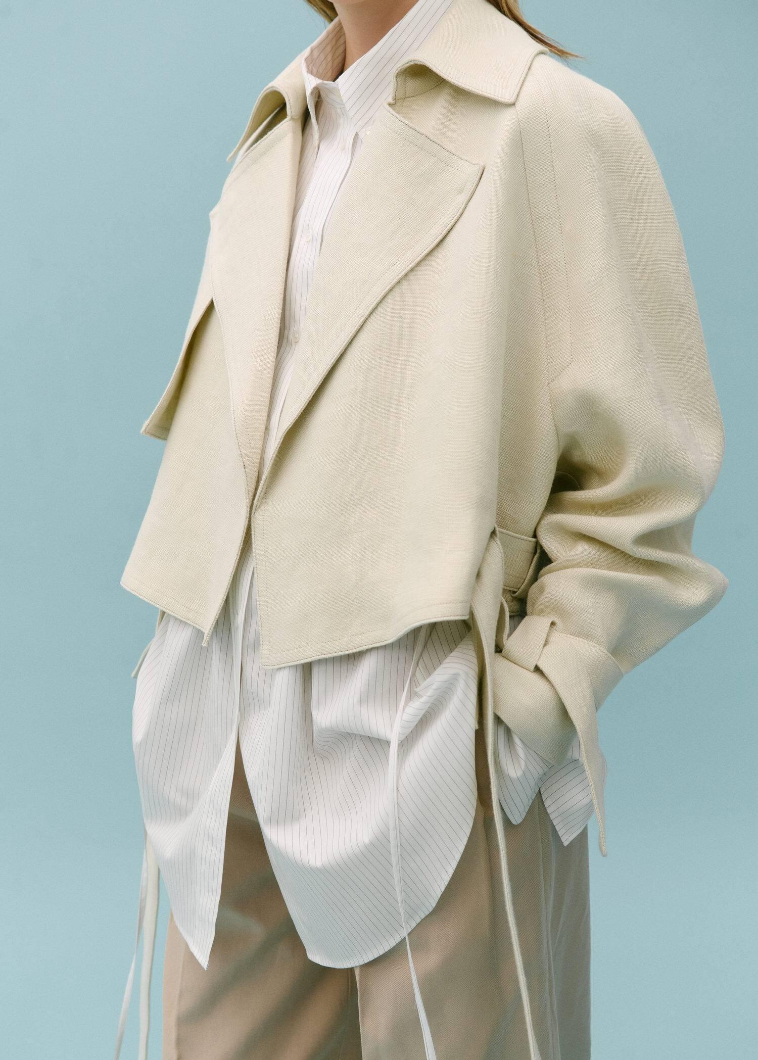 Grey Linen Cropped Trench Coat Mango