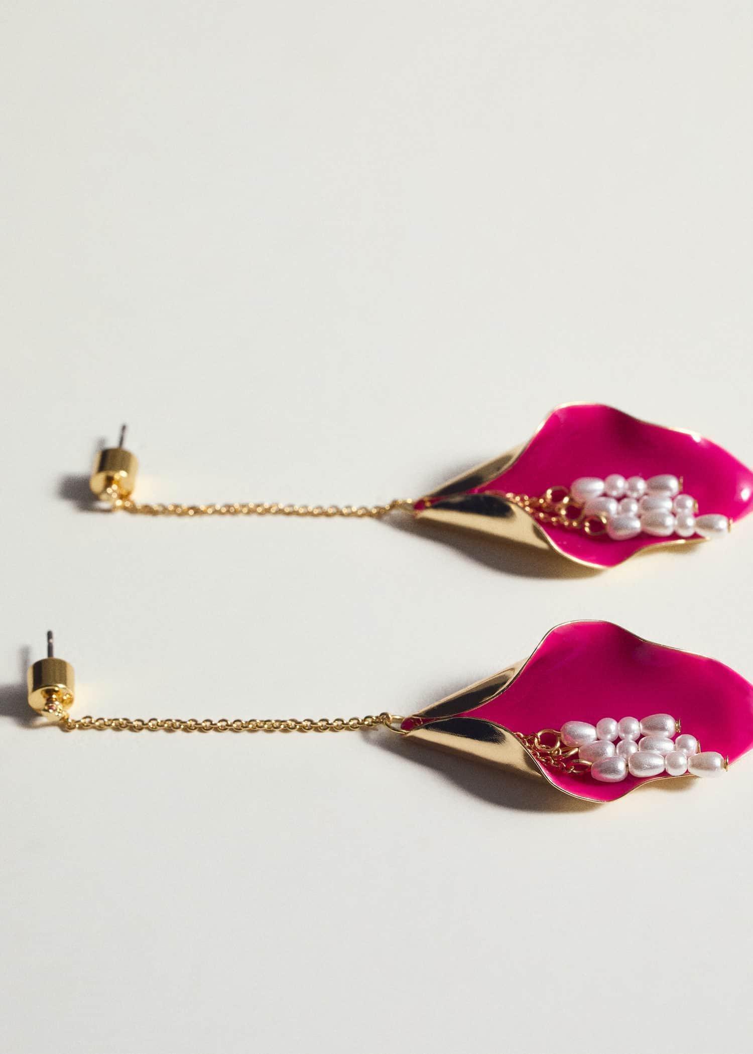 Pink Long Earrings Leaves, Bright Pink, large image number 1