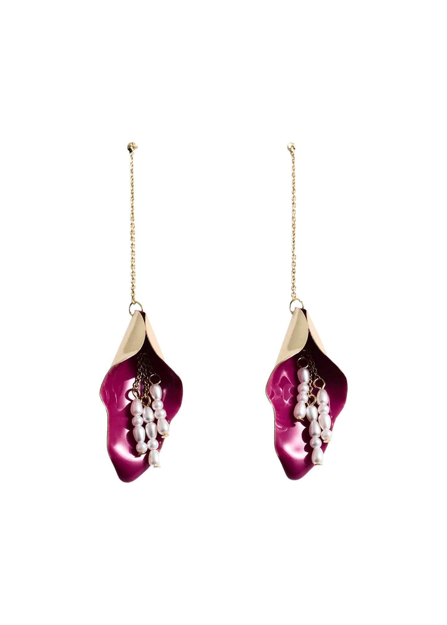 Pink Long Earrings Leaves, Bright Pink, large image number 2