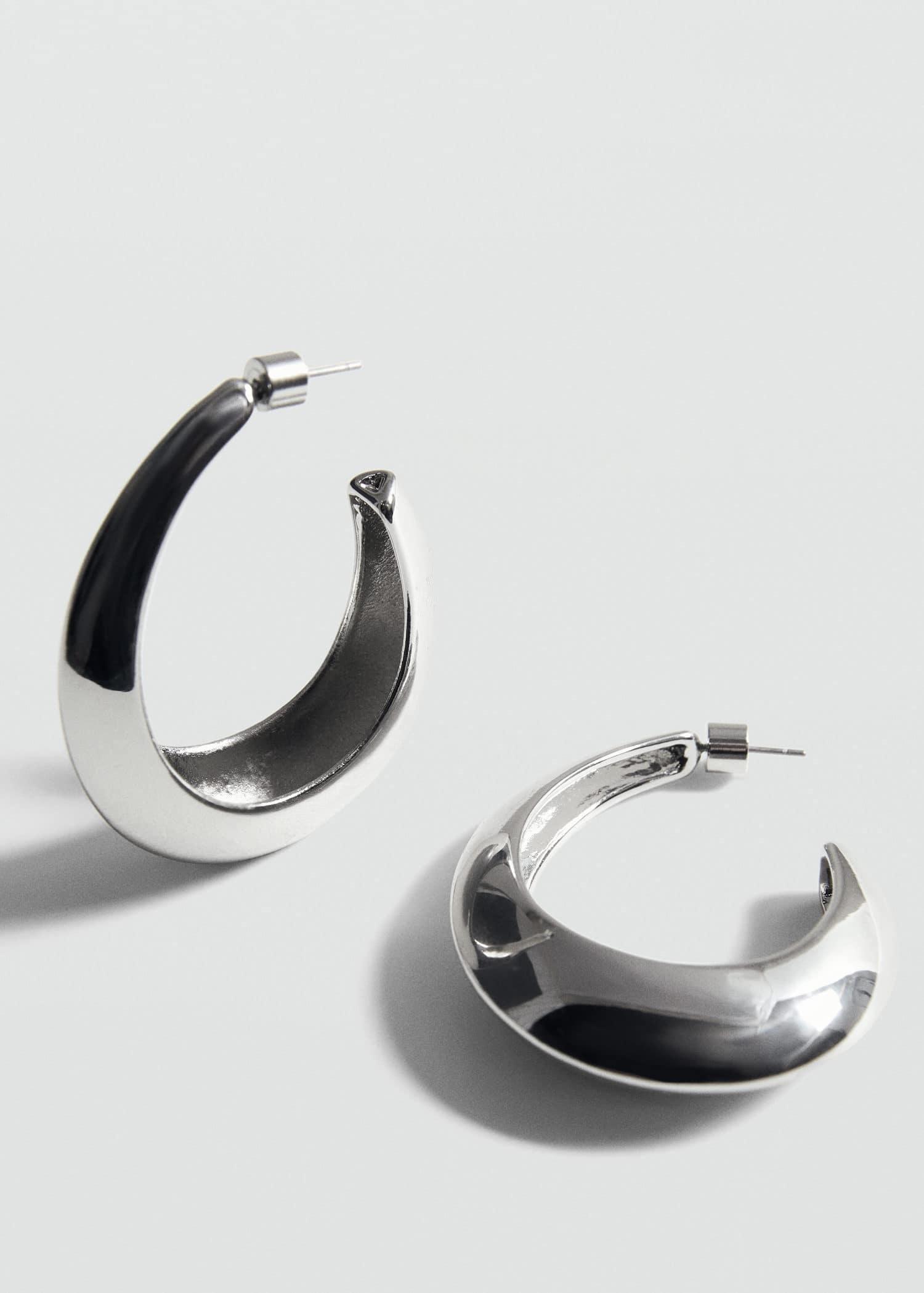 Silver Oval Hoop Earrings, Silver, large image number 1