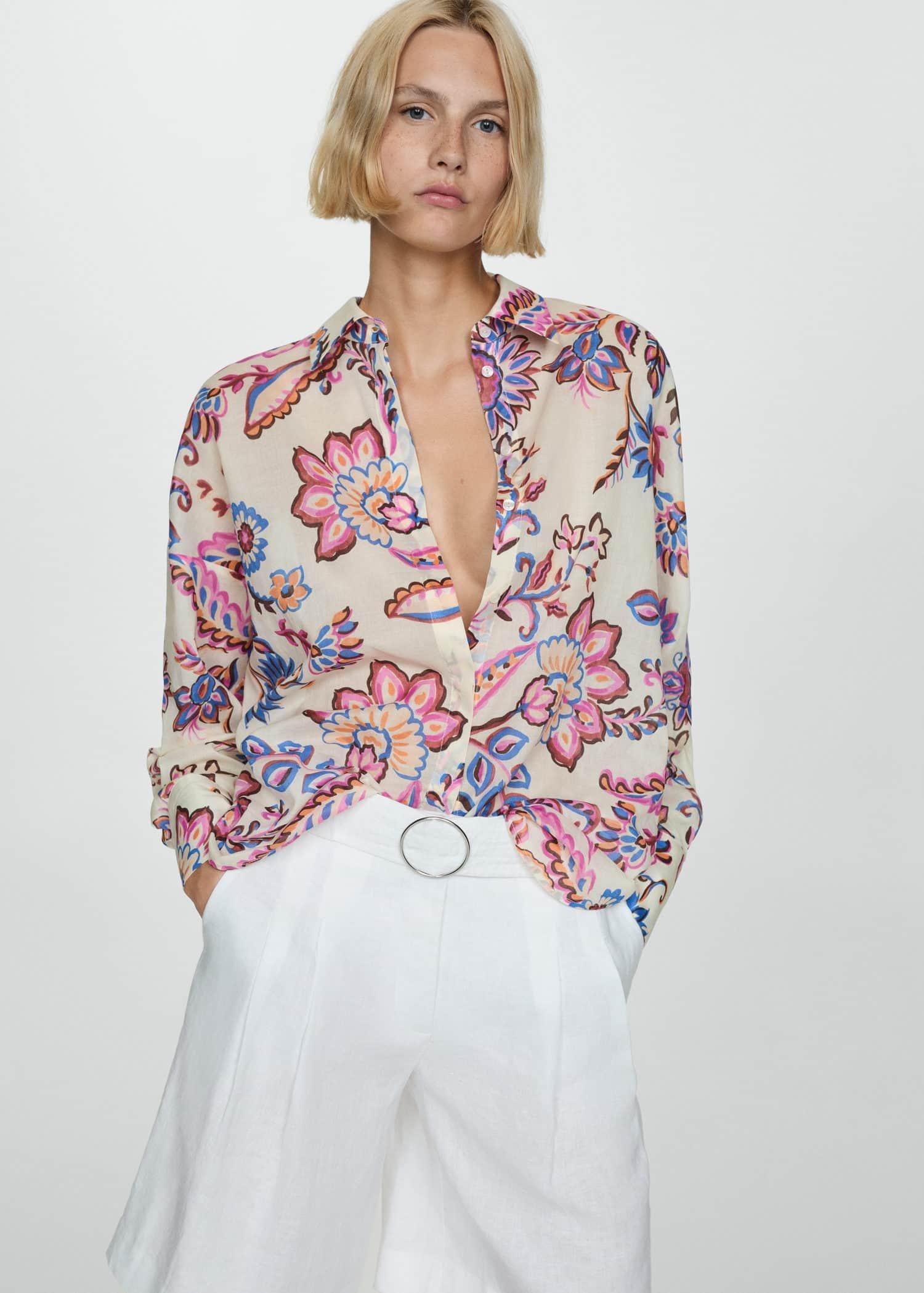 Beige Flowy Floral Print Shirt, Light Beige, large image number 0