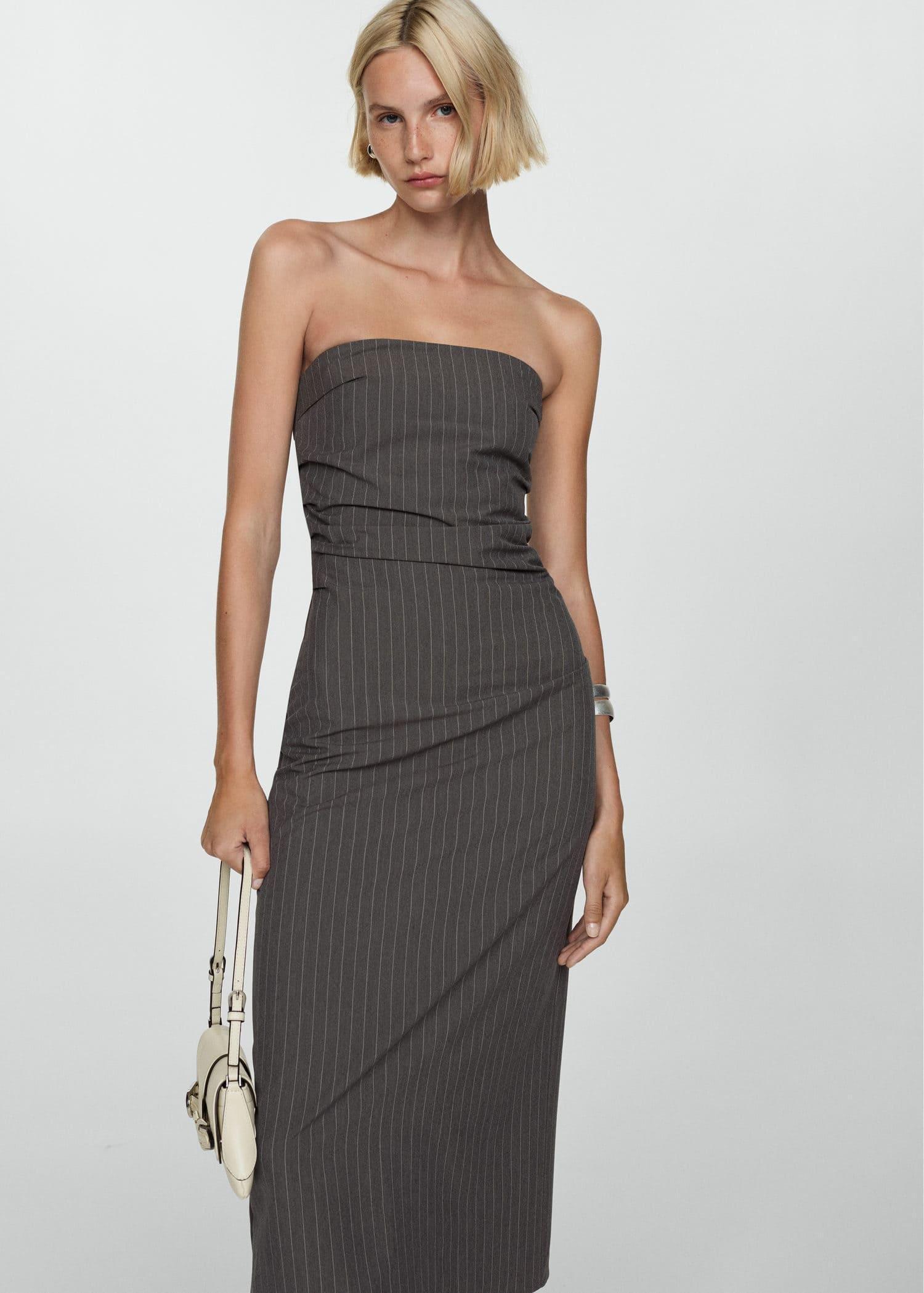 Grey Strapless Pinstripe Dress, , large image number 0