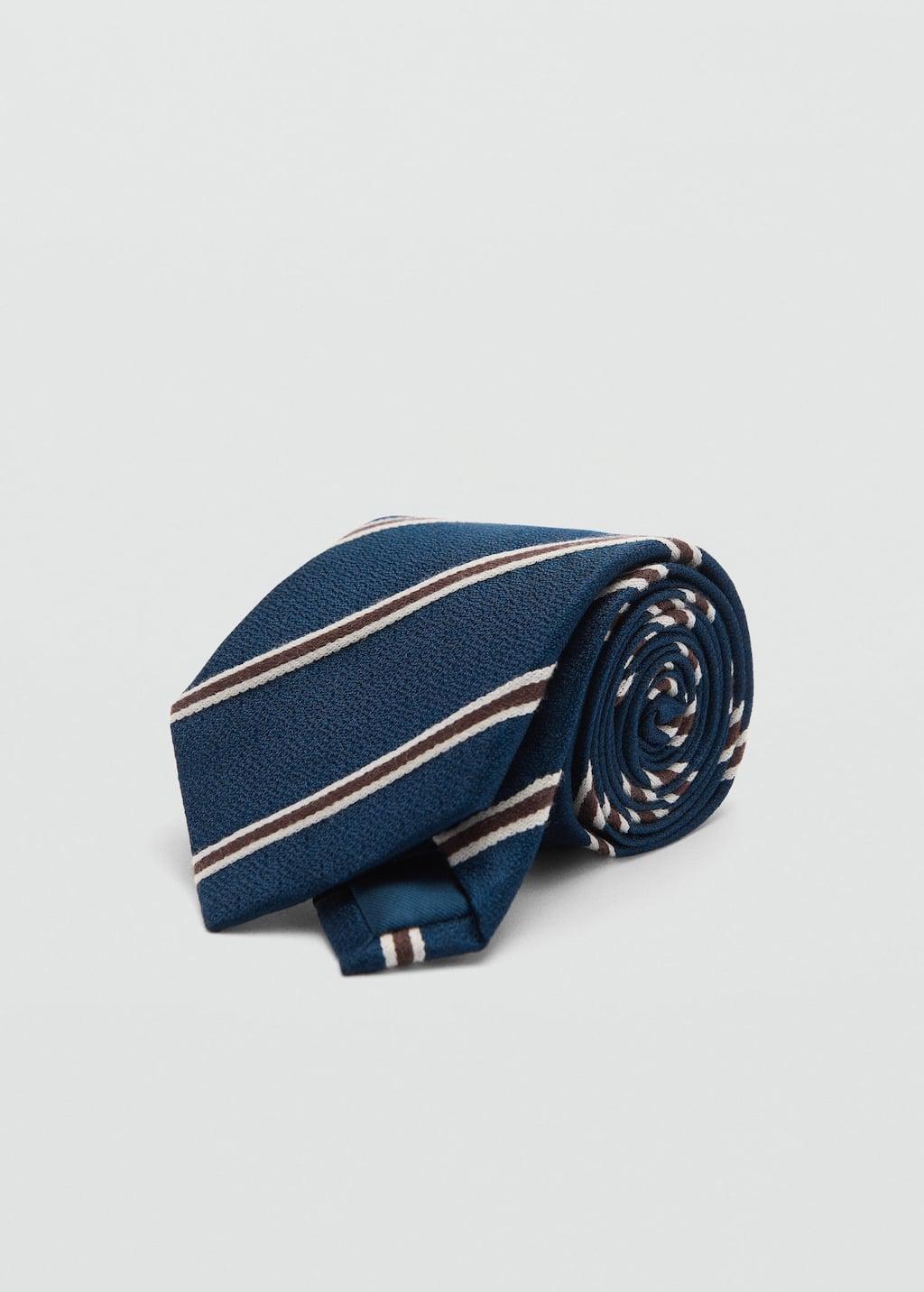Navy Striped Silk Cotton Tie, Navy, large image number 0