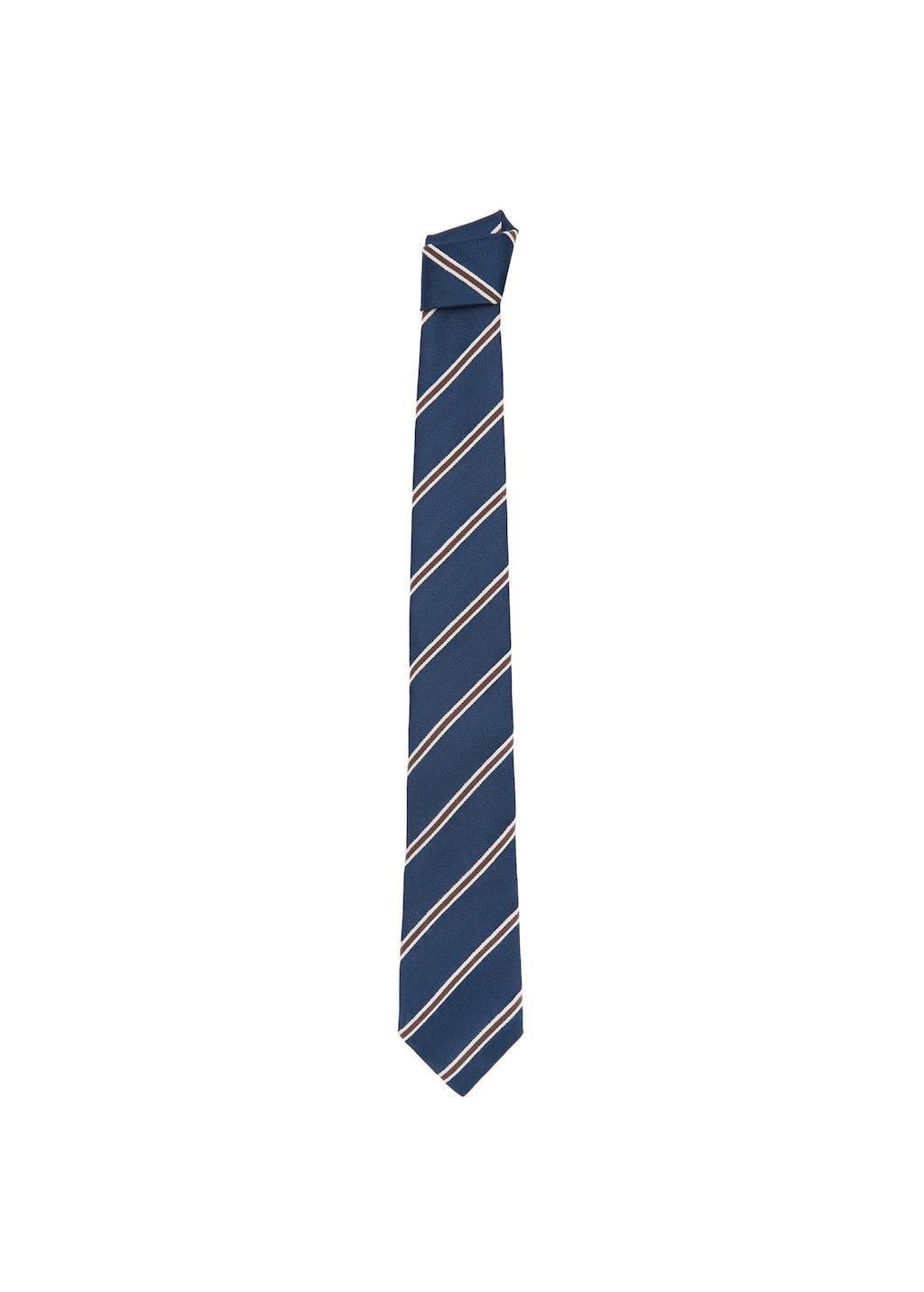 Navy Striped Silk Cotton Tie, Navy, large image number 1