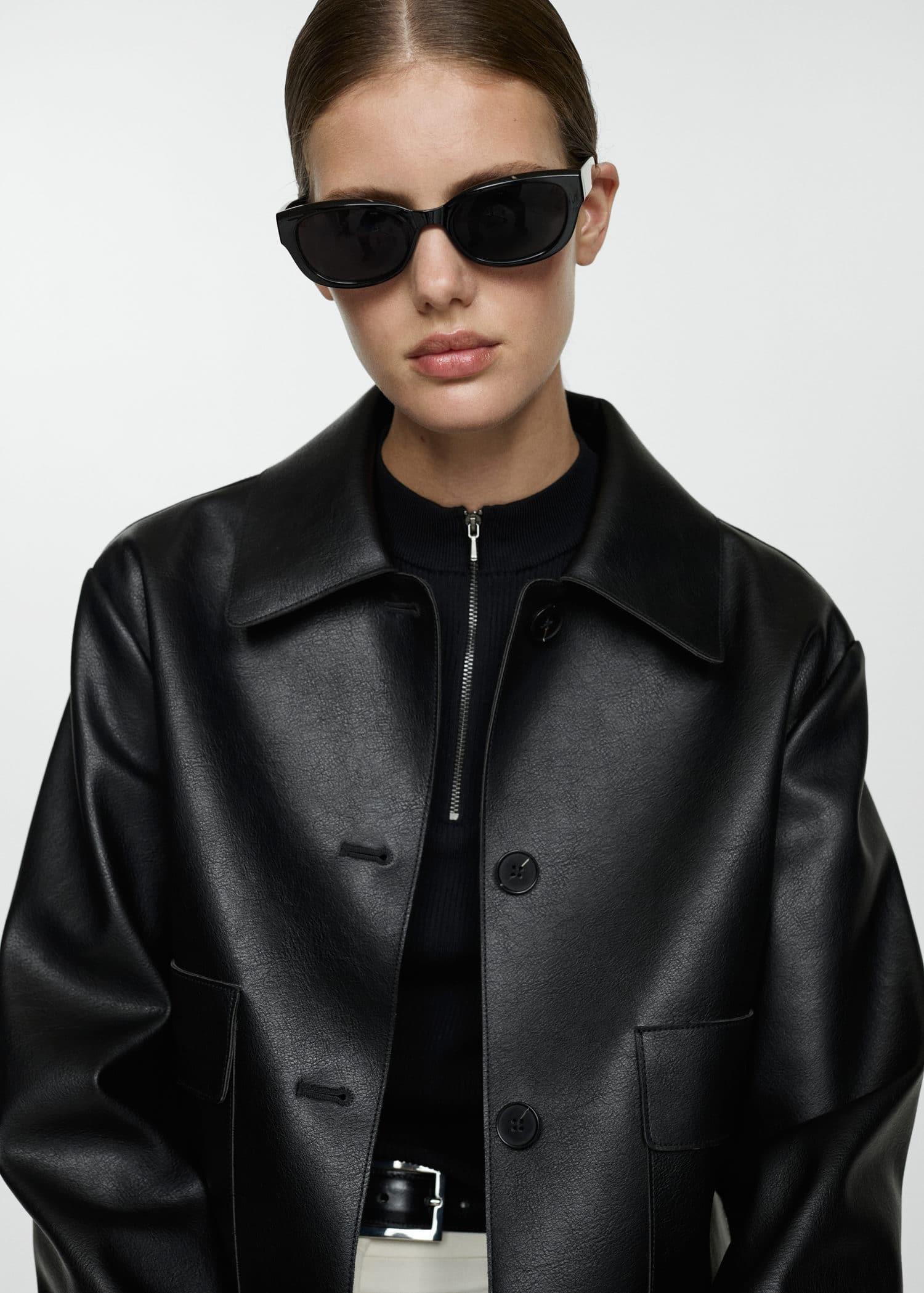 Black Faux Leather Jacket With Pockets, , large image number 0