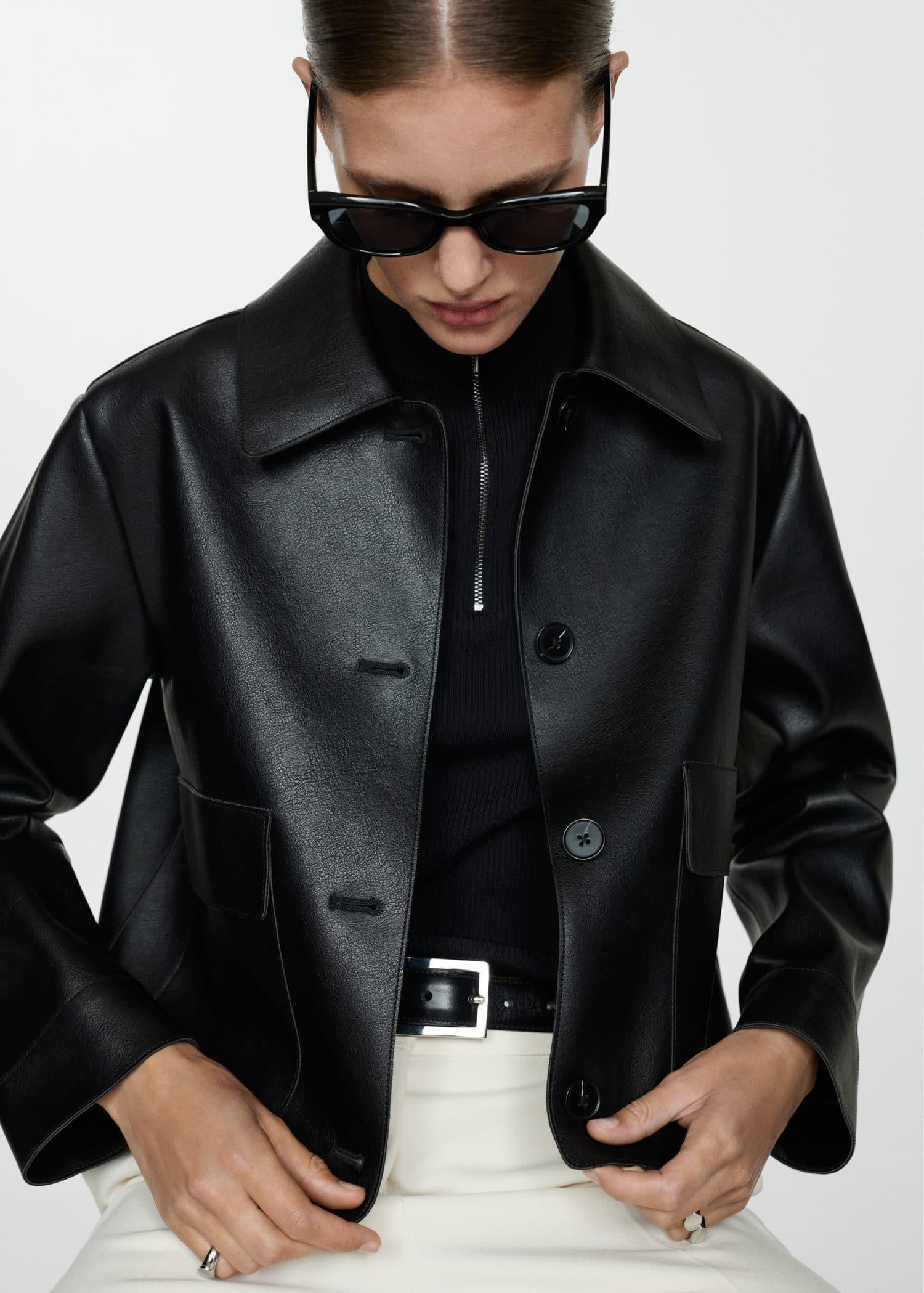 Black Faux Leather Jacket With Pockets, , large image number 2