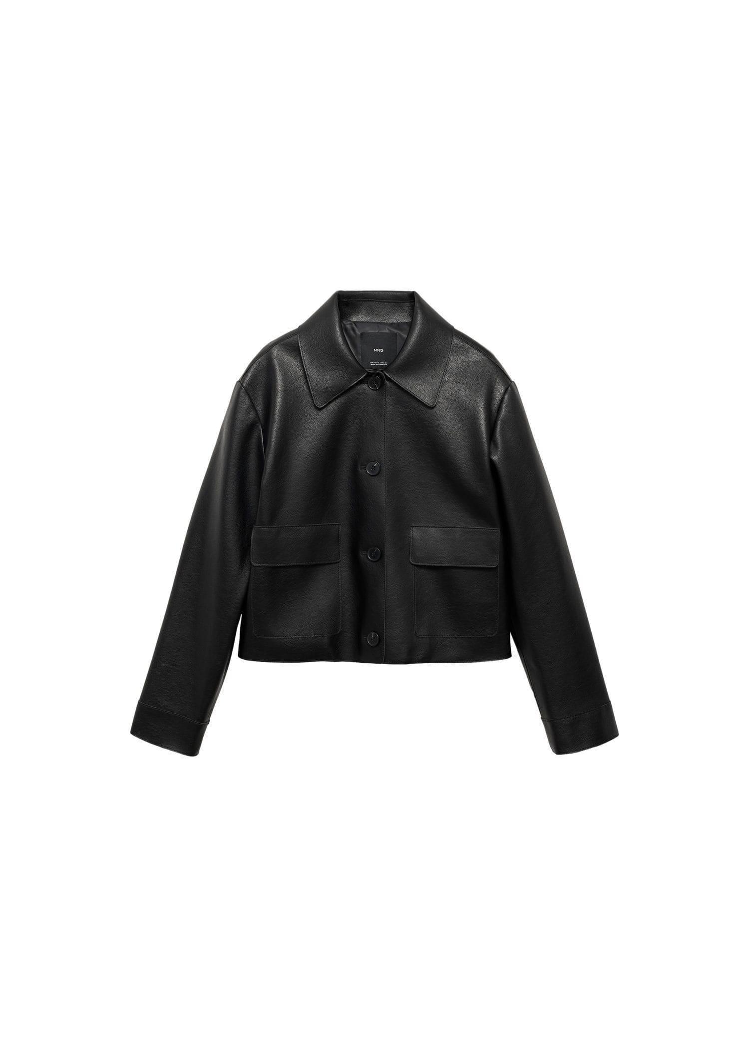 Black Faux Leather Jacket With Pockets, , large image number 3
