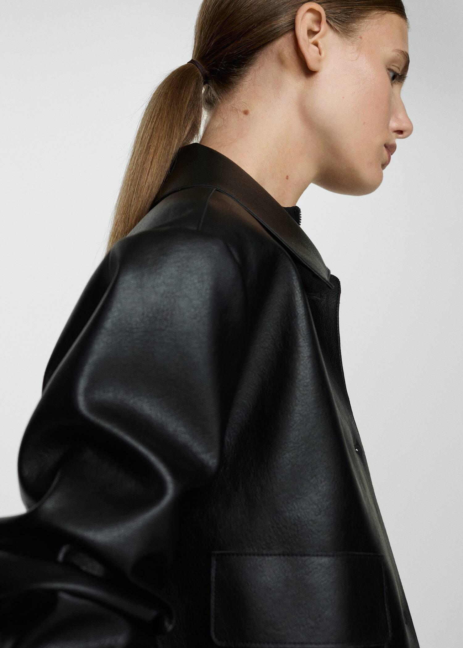 Black Faux Leather Jacket With Pockets, , large image number 4