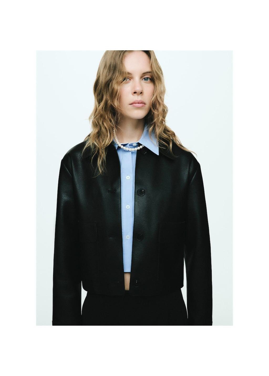 Black Faux Leather Jacket With Pockets, , large image number 6