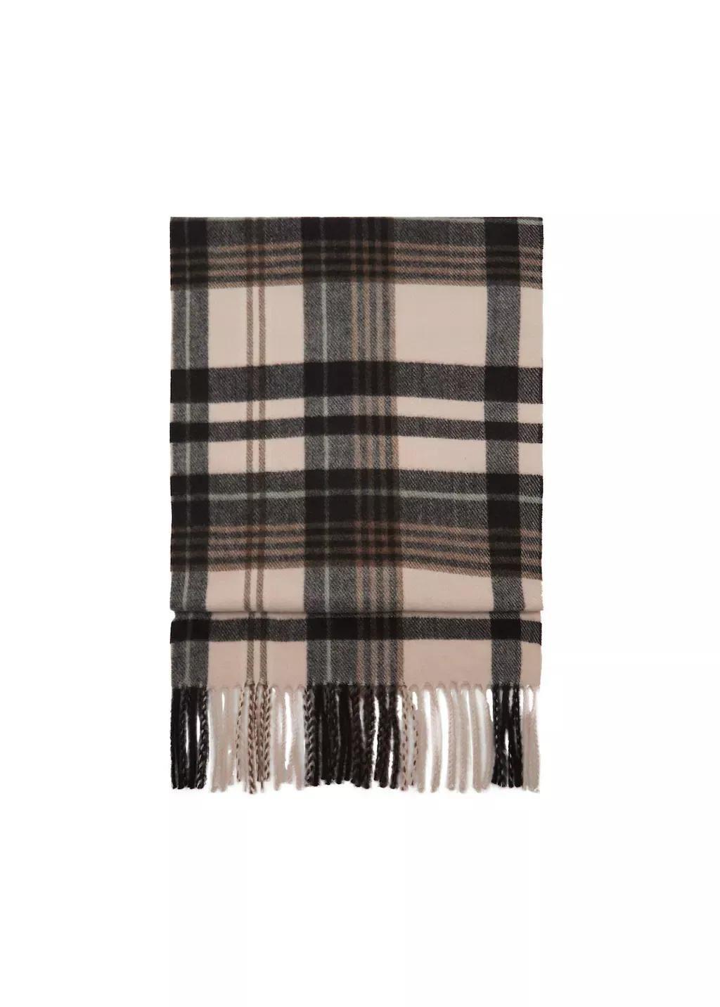 Brown Check Fringed Scarf, Brown, large image number 1