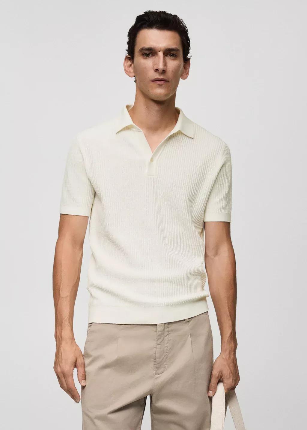 White Fine-Knit Ribbed Cotton Polo Shirt, , large image number 0