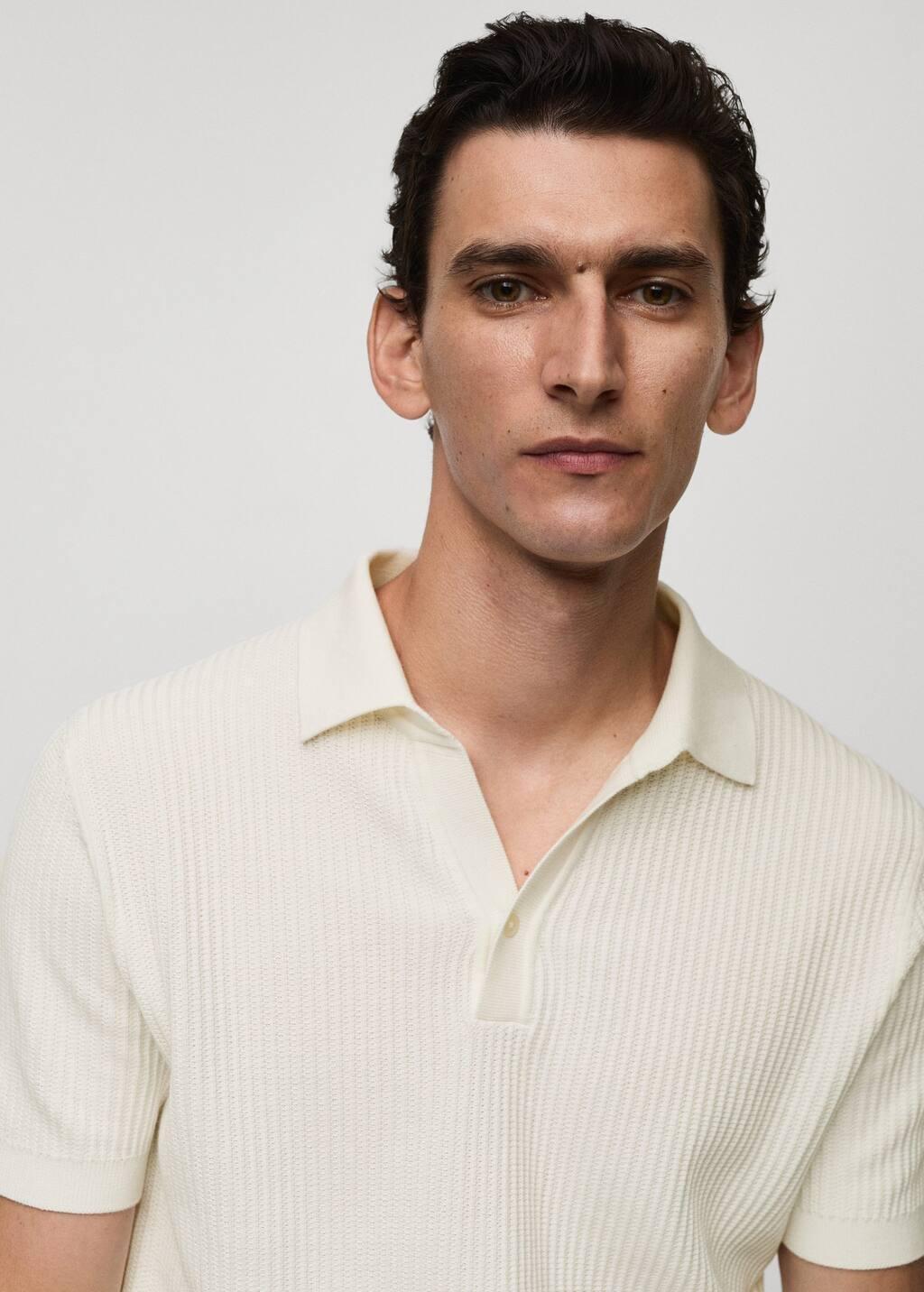 White Fine-Knit Ribbed Cotton Polo Shirt, , large image number 1