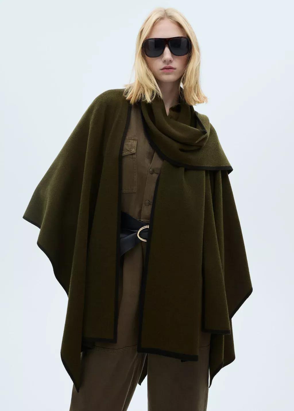 Khaki Contrast Trim Knit Cape, 0201_37, large image number 0
