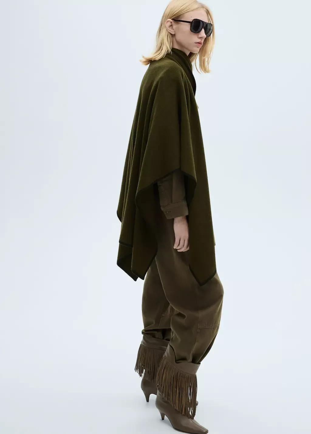 Khaki Contrast Trim Knit Cape, 0201_37, large image number 2