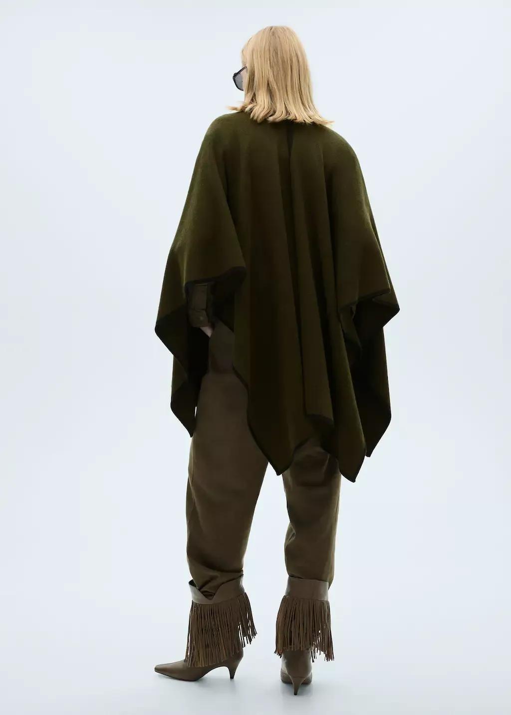 Khaki Contrast Trim Knit Cape, 0201_37, large image number 6