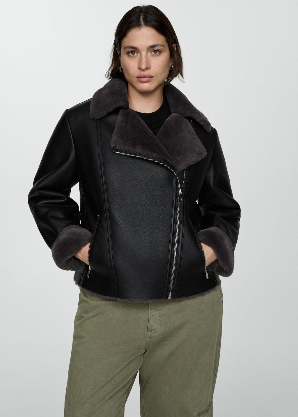 Black Faux Shearling-Lined Jacket, , large image number 5