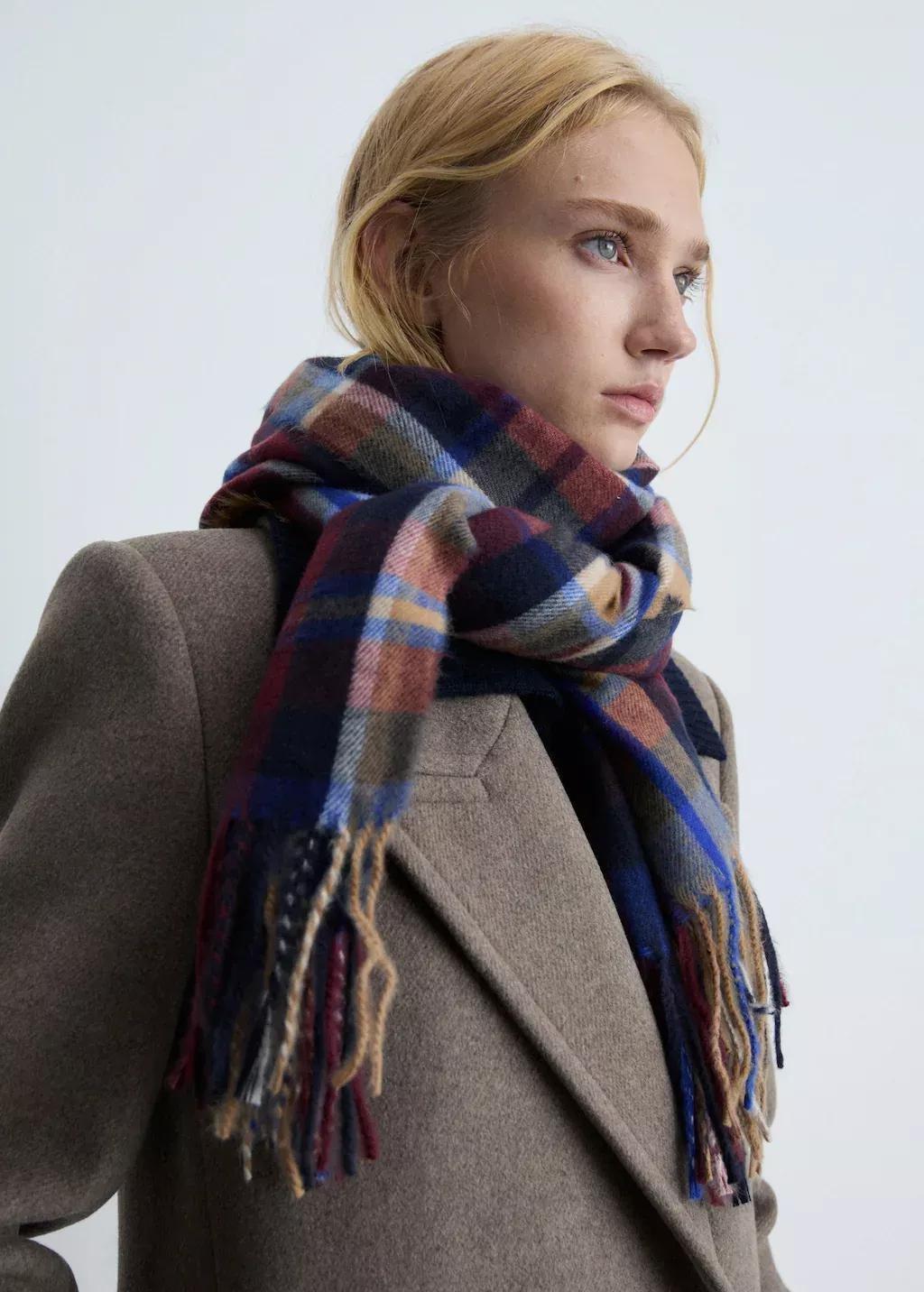 Blue Check Scarf With Fringed Ends, Medium Blue, large image number 1