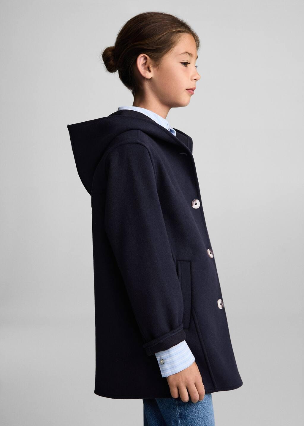 Navy Hooded Button Coat, Kids Girl, , large image number 0