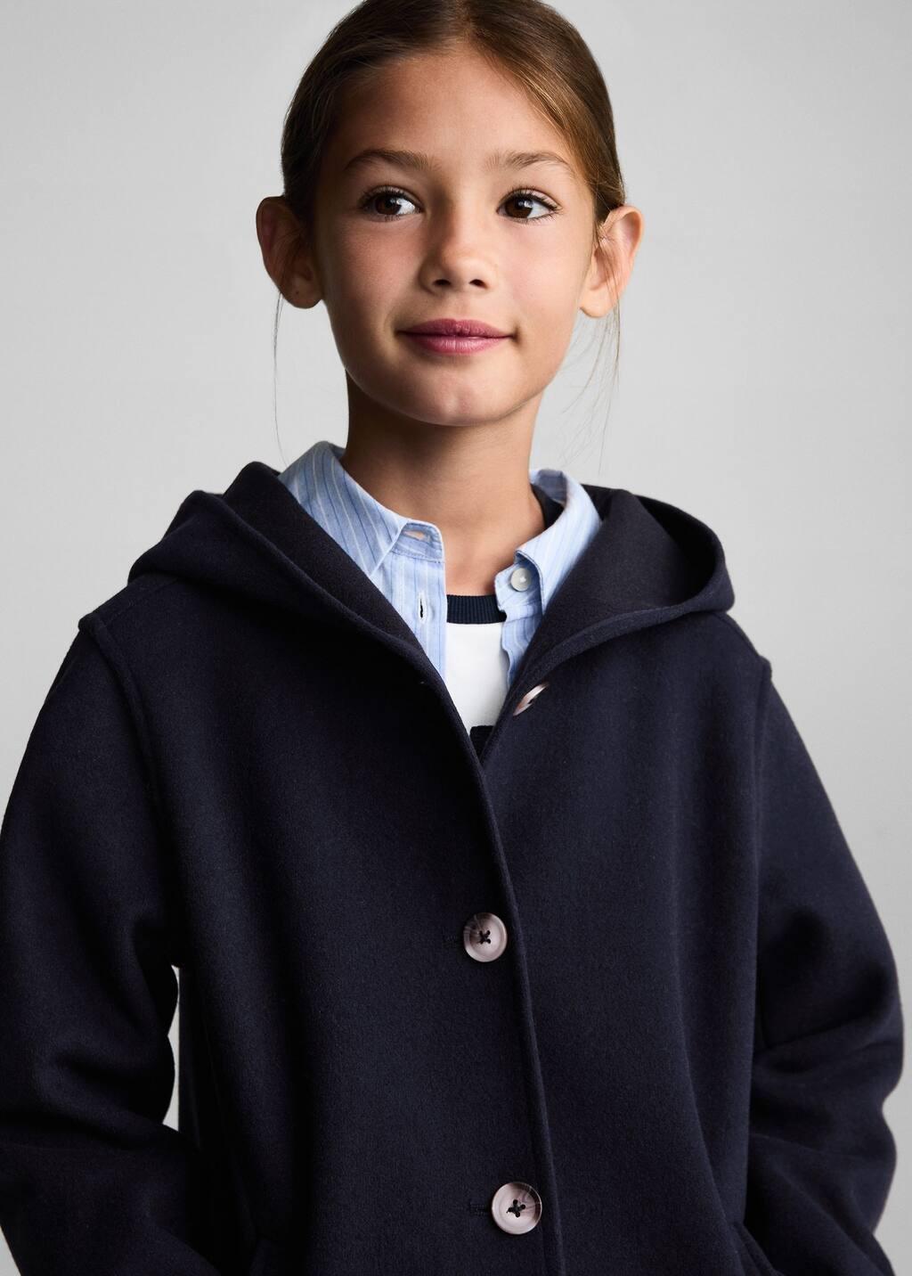 Navy Hooded Button Coat, Kids Girl, , large image number 1