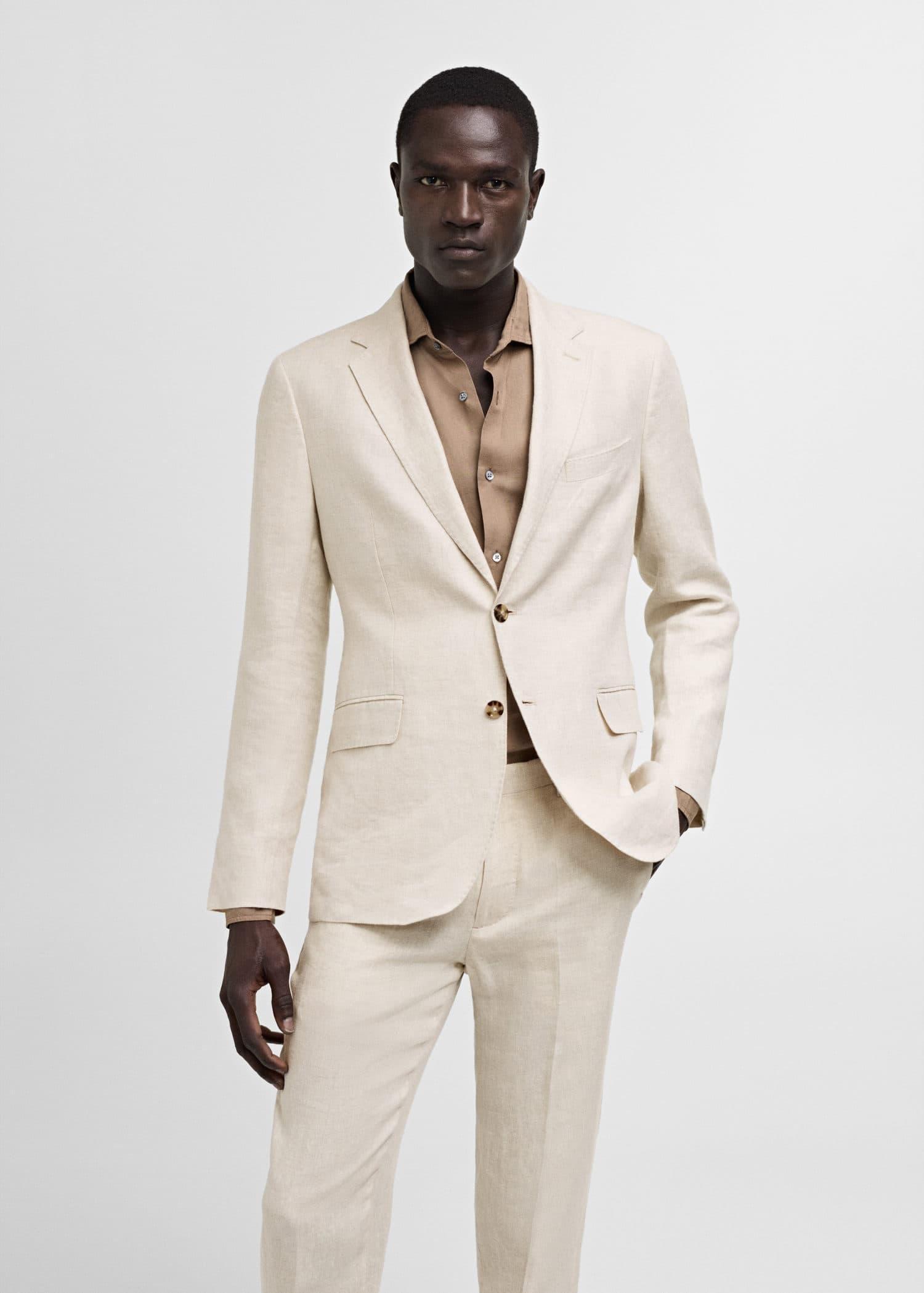 Beige Linen Slim-Fit Suit Jacket, , large image number 0